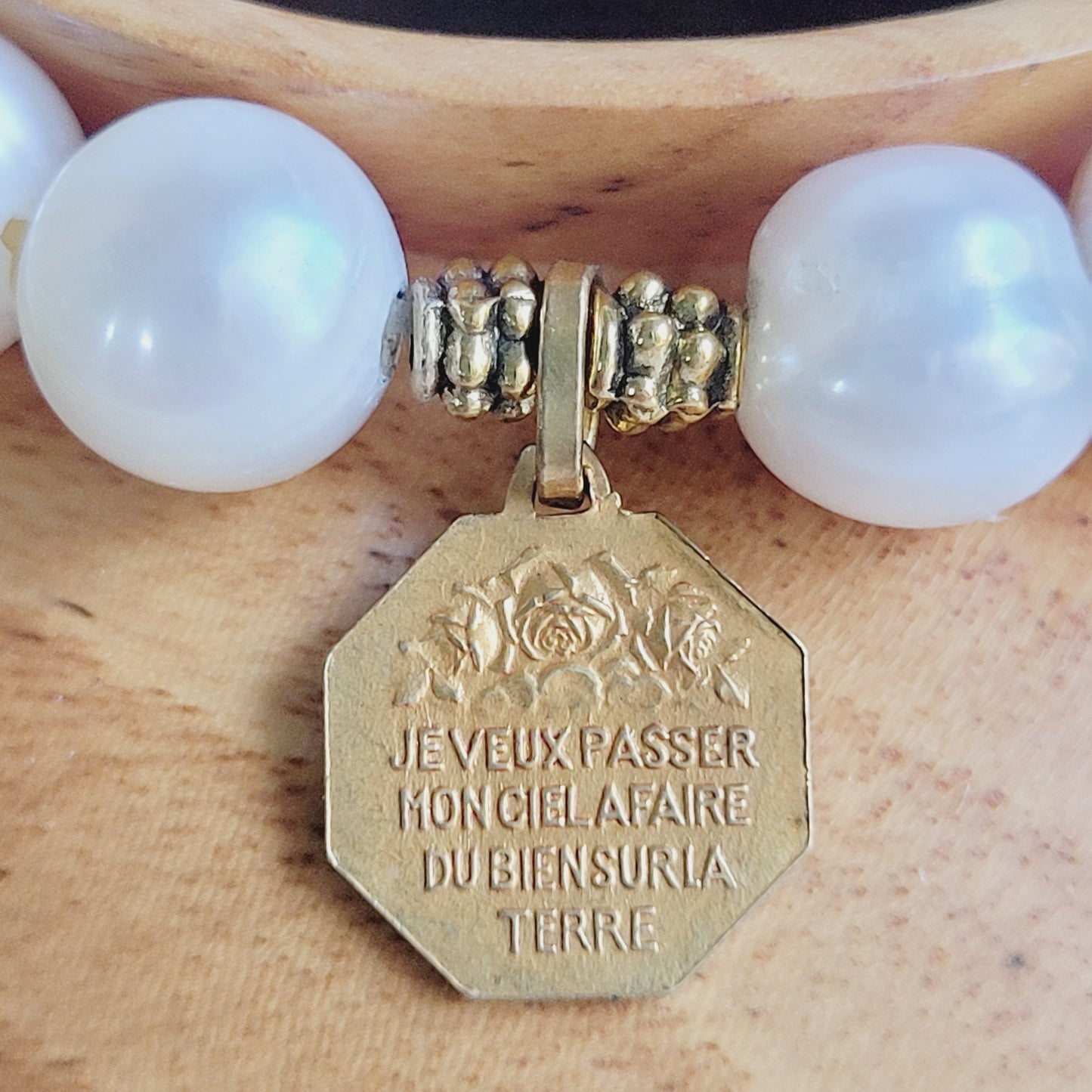 White Freshwater Pearl 10mm Beaded Bracelet w/ Gold Plated Octagonal Medal of St. Therese of Lisieux from France