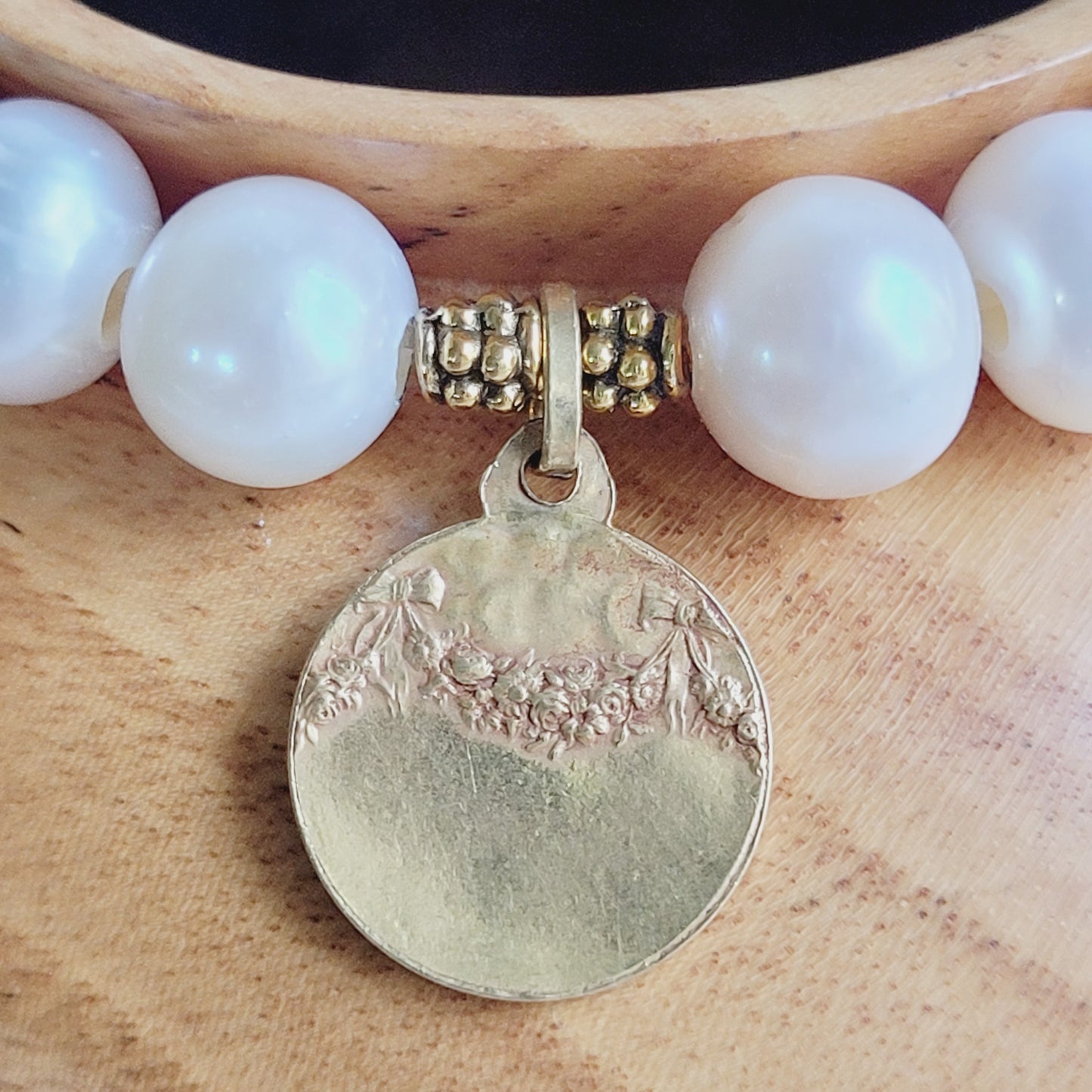 White Freshwater Pearl 10mm Beaded Bracelet w/ Gold Plated Medal of The Virgin Mary from France
