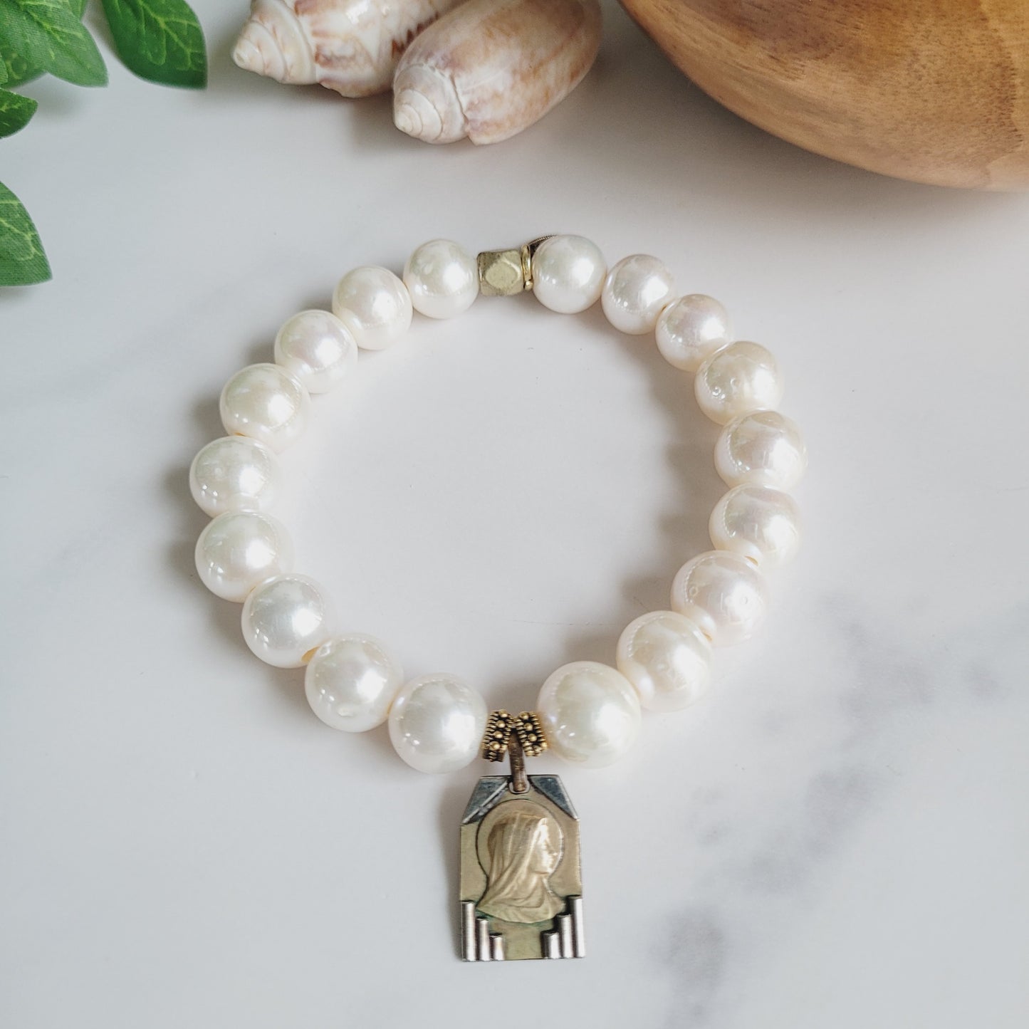 White Freshwater Pearl 10mm Beaded Bracelet w/ Signed Silver and Gold Plate Art Deco Medal of The Virgin Mary