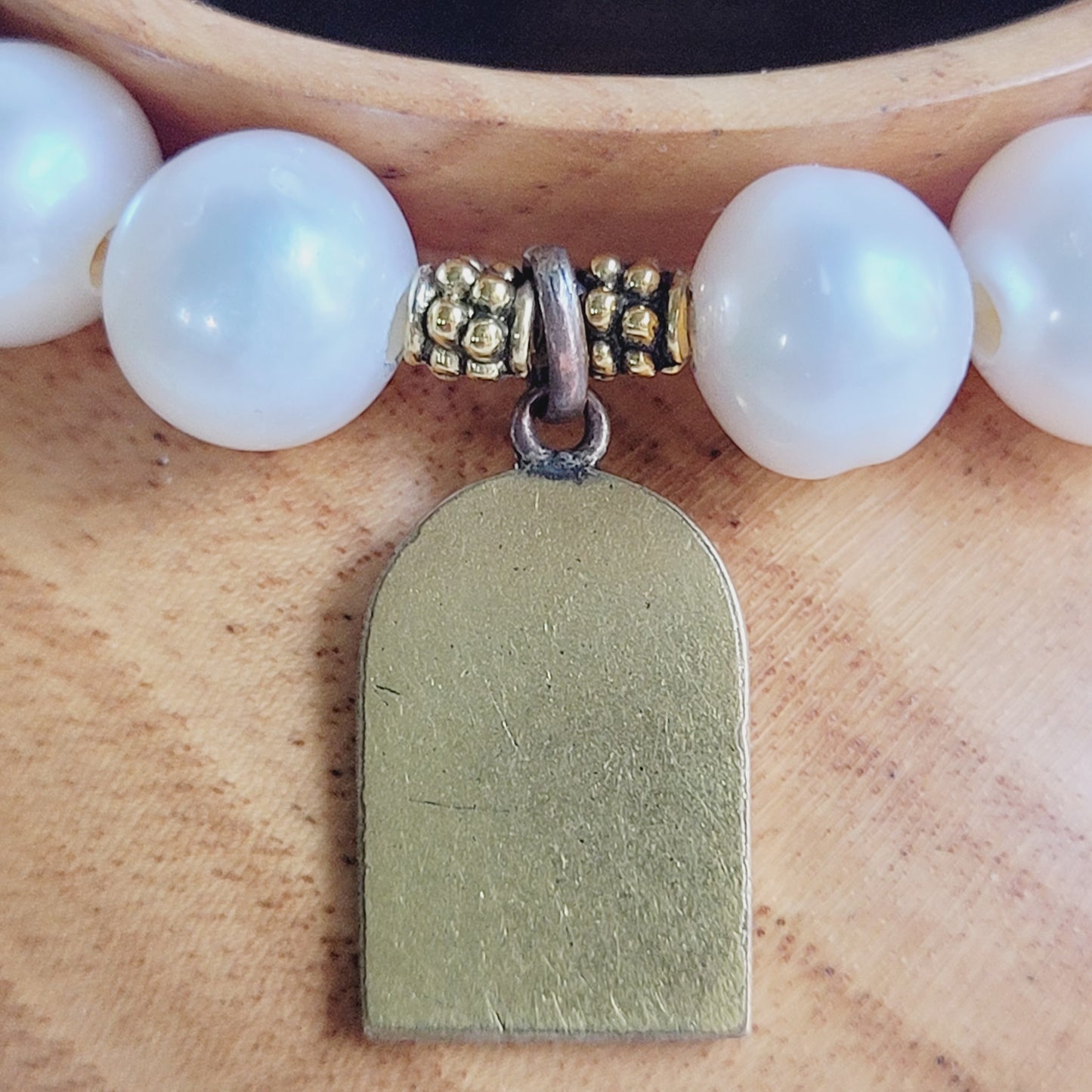 White Freshwater Pearl 10mm Beaded Bracelet w/ Gold Plated Medal of The Virgin Mary