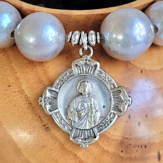 Freshwater Pearls Grey 14mm Beaded Bracelet w/ Diamond Shape Silver Plated Medal of St. Jude Thaddeus