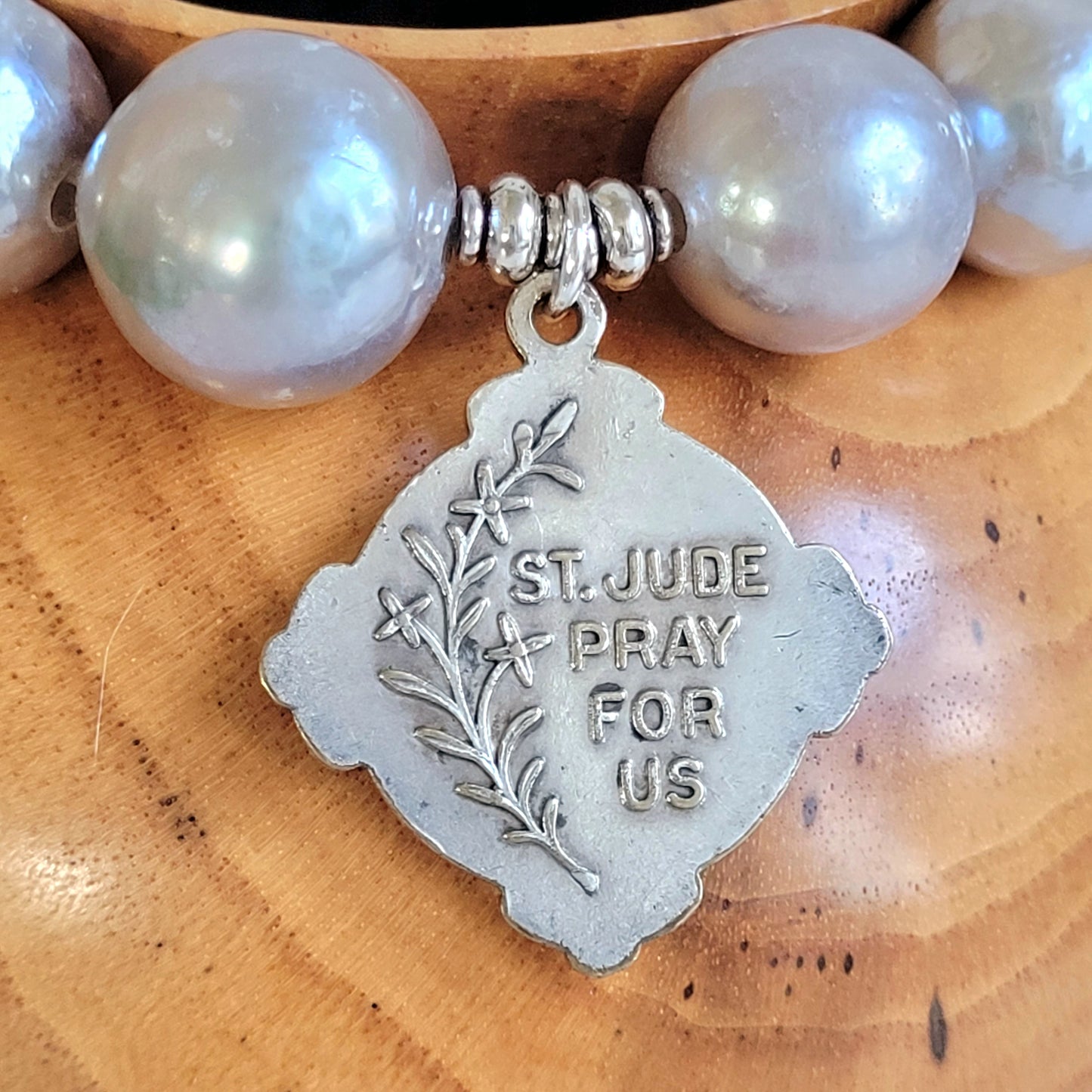 Freshwater Pearls Grey 14mm Beaded Bracelet w/ Diamond Shape Silver Plated Medal of St. Jude Thaddeus