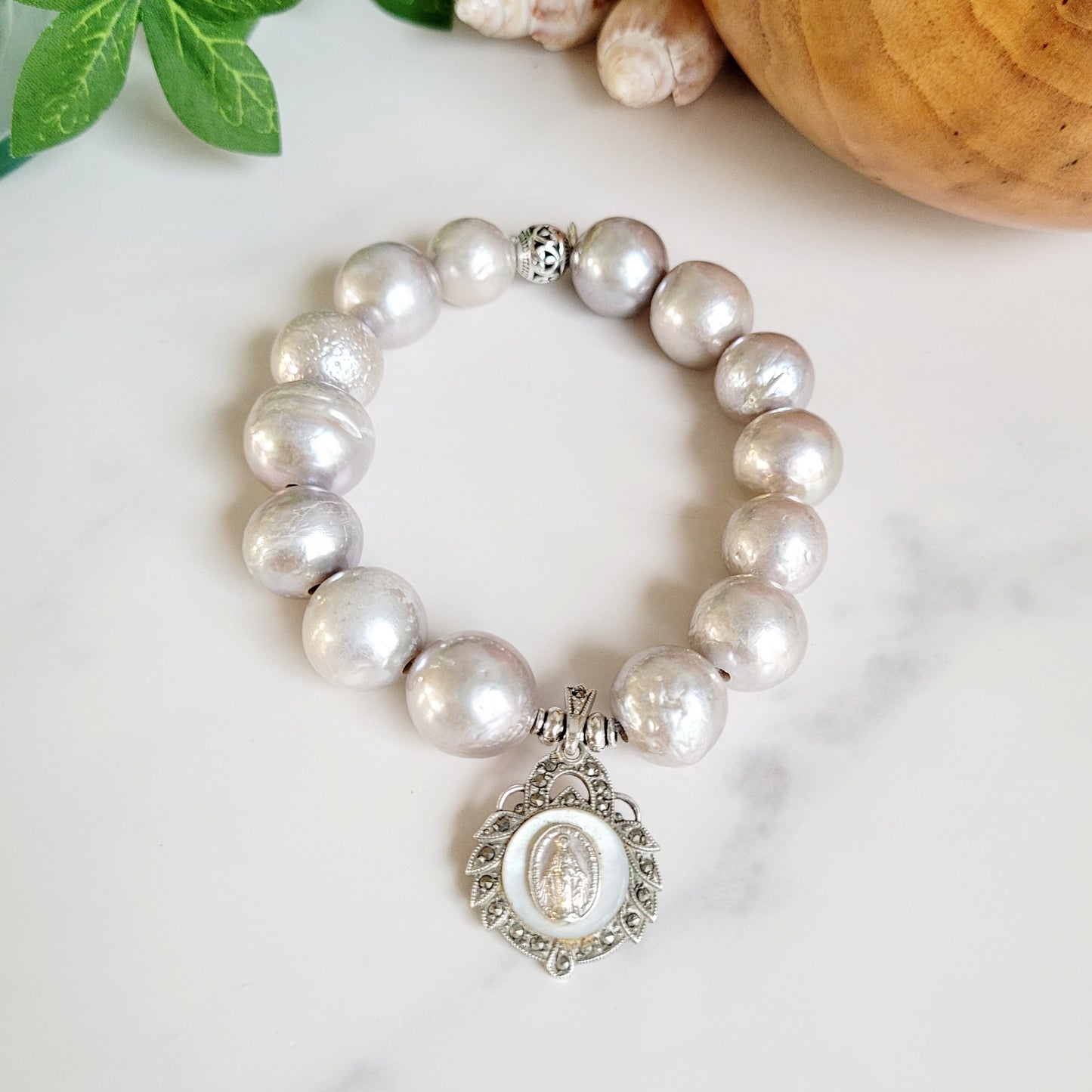 Freshwater Pearls Grey 14mm Beaded Bracelet w/ Signed Sterling Silver Layered Miraculous Medal of Mary