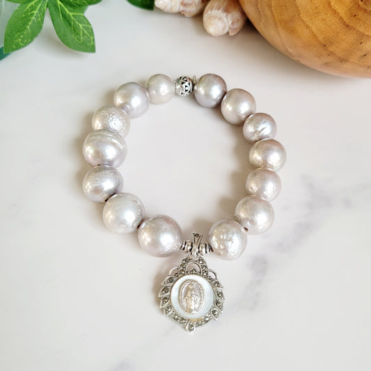 Freshwater Pearls Grey 14mm Beaded Bracelet w/ Signed Sterling Silver Layered Miraculous Medal of Mary