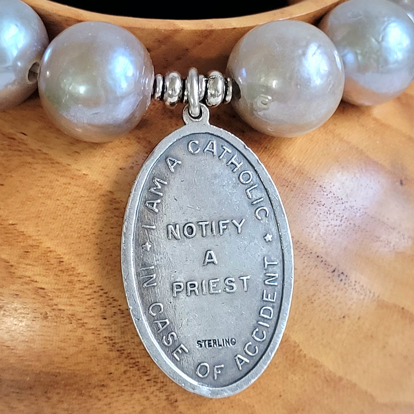 Freshwater Pearls Grey 14mm Beaded Bracelet w/ Large Oval Sterling Silver Medal of St. Christopher