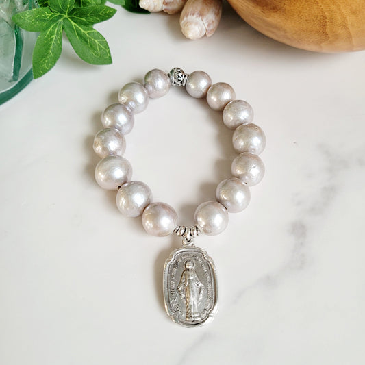 Freshwater Pearls Grey 14mm Beaded Bracelet w/ Large Squoval Stering Silver Medal of The Miraculous Medal of Mary