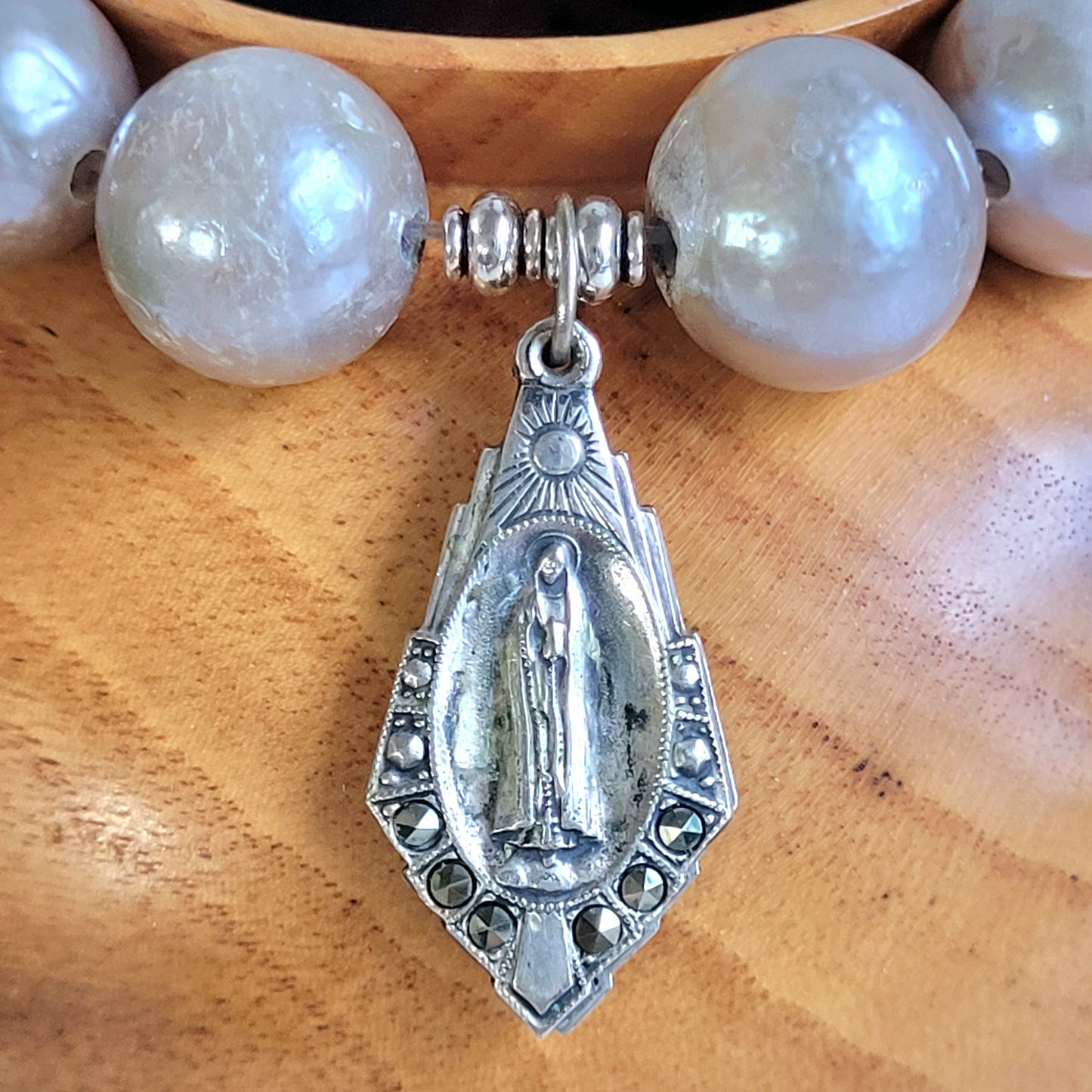 Freshwater Pearls Grey 14mm Beaded Bracelet w/ Large Sterling Silver Medal of Our Lady of Fatima