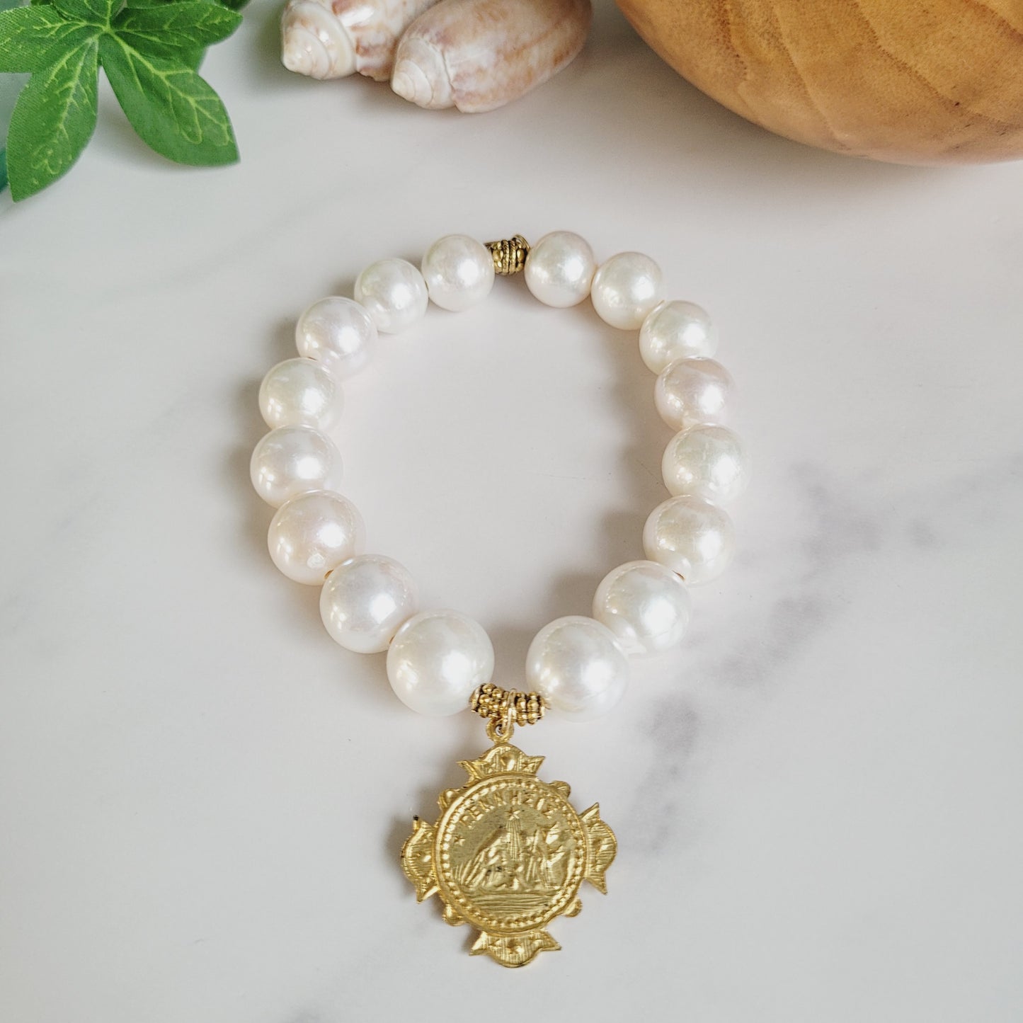 White Freshwater Pearl 12mm Beaded Bracelet w/Vintage Gold Plated Greek Cross