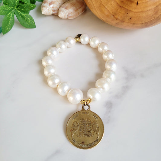 White Freshwater Pearl 12mm Beaded Bracelet w/ Vintage Gold Plated Medal of The Ten Commandments