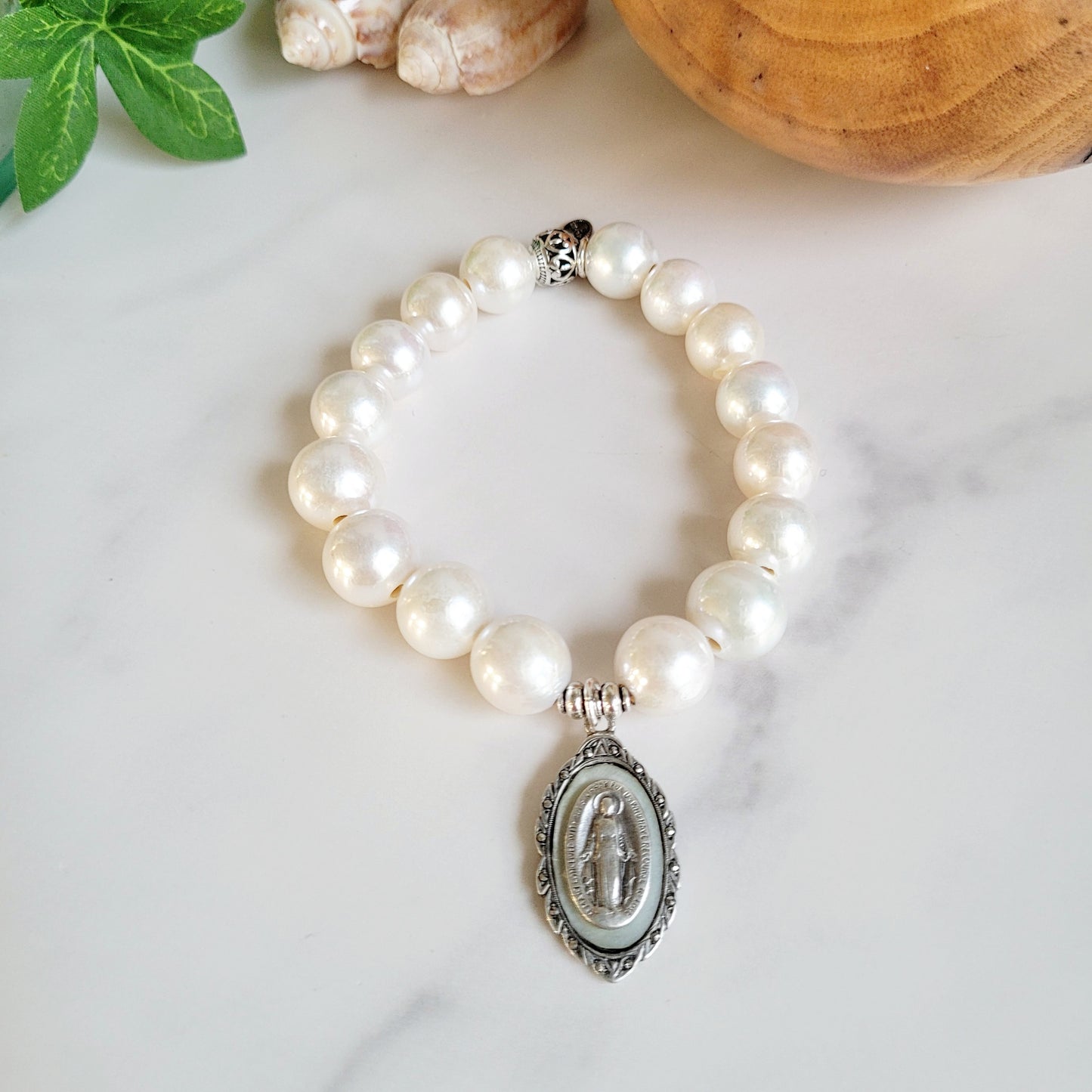 White Freshwater Pearl 12mm Beaded Bracelet w/ Vintage Signed Sterling Silver Miraculous Medal of Mary