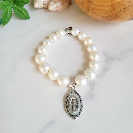 White Freshwater Pearl 12mm Beaded Bracelet w/ Vintage Signed Sterling Silver Miraculous Medal of Mary
