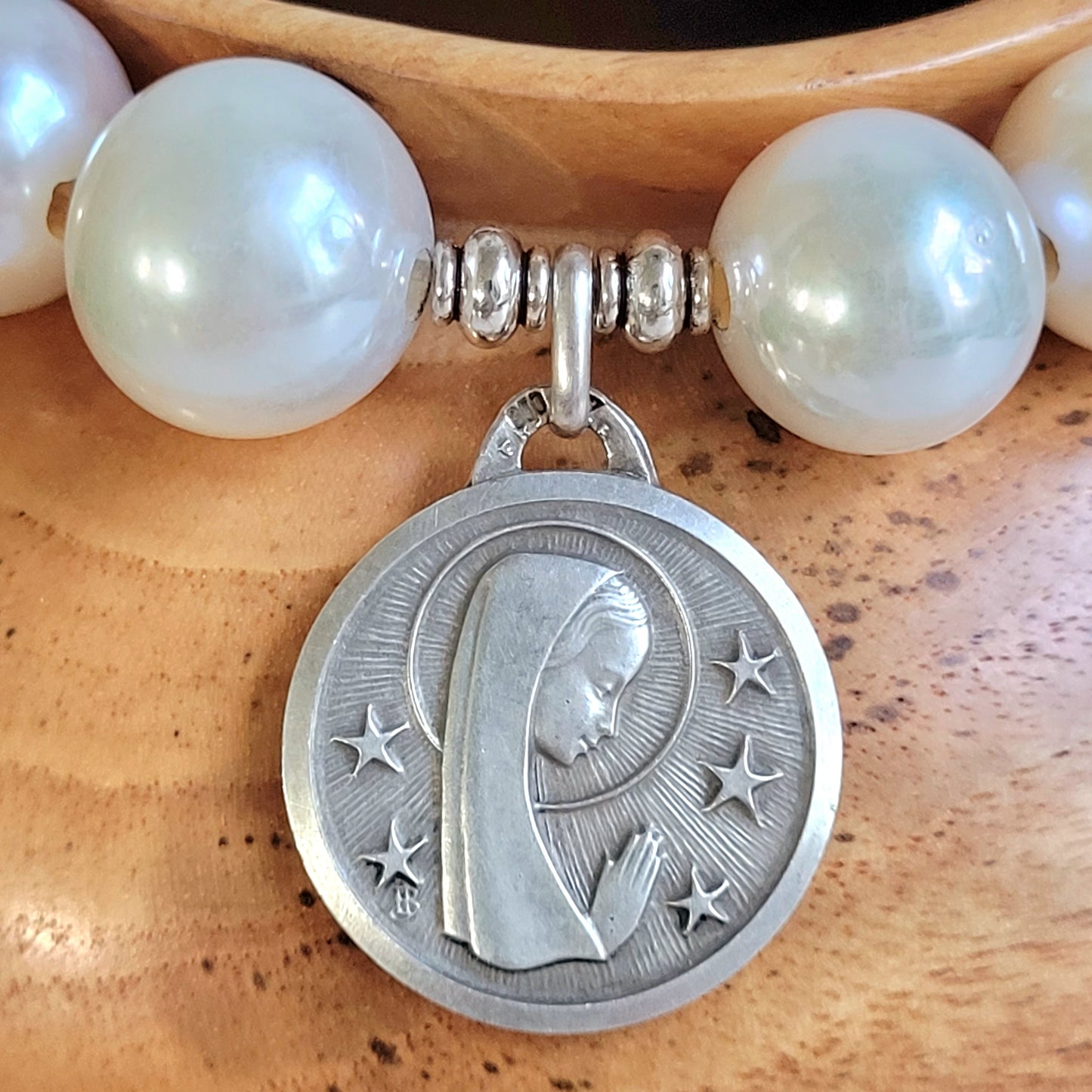 White Freshwater Pearl 12mm Beaded Bracelet w/ Vintage Signed Sterling Silver Medal of Our Lady of Lourdes