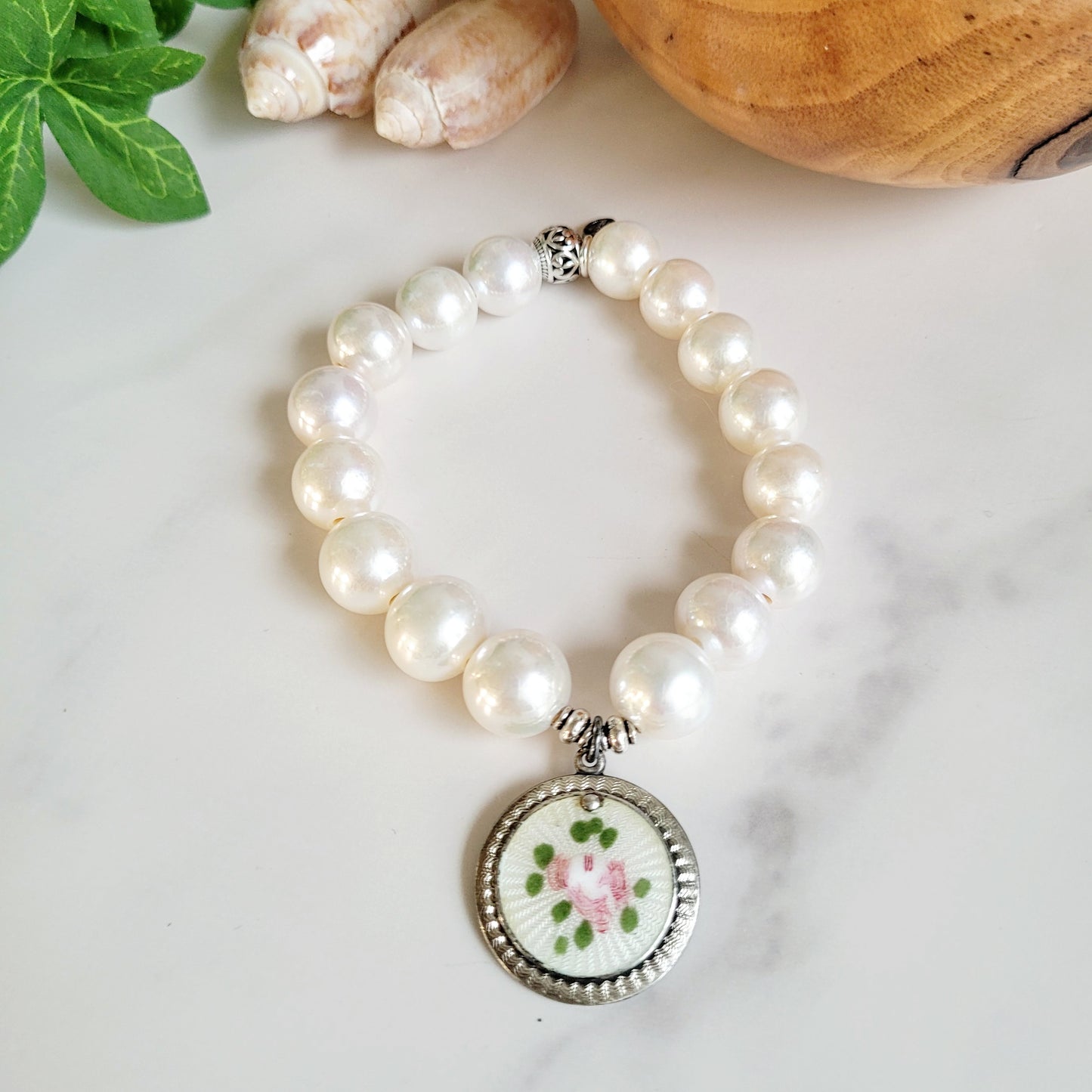 White Freshwater Pearl 12mm Beaded Bracelet w/Vintage Sterling Silver Locket Medal of Saints