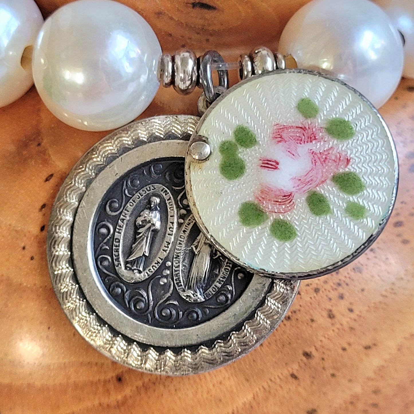 White Freshwater Pearl 12mm Beaded Bracelet w/Vintage Sterling Silver Locket Medal of Saints