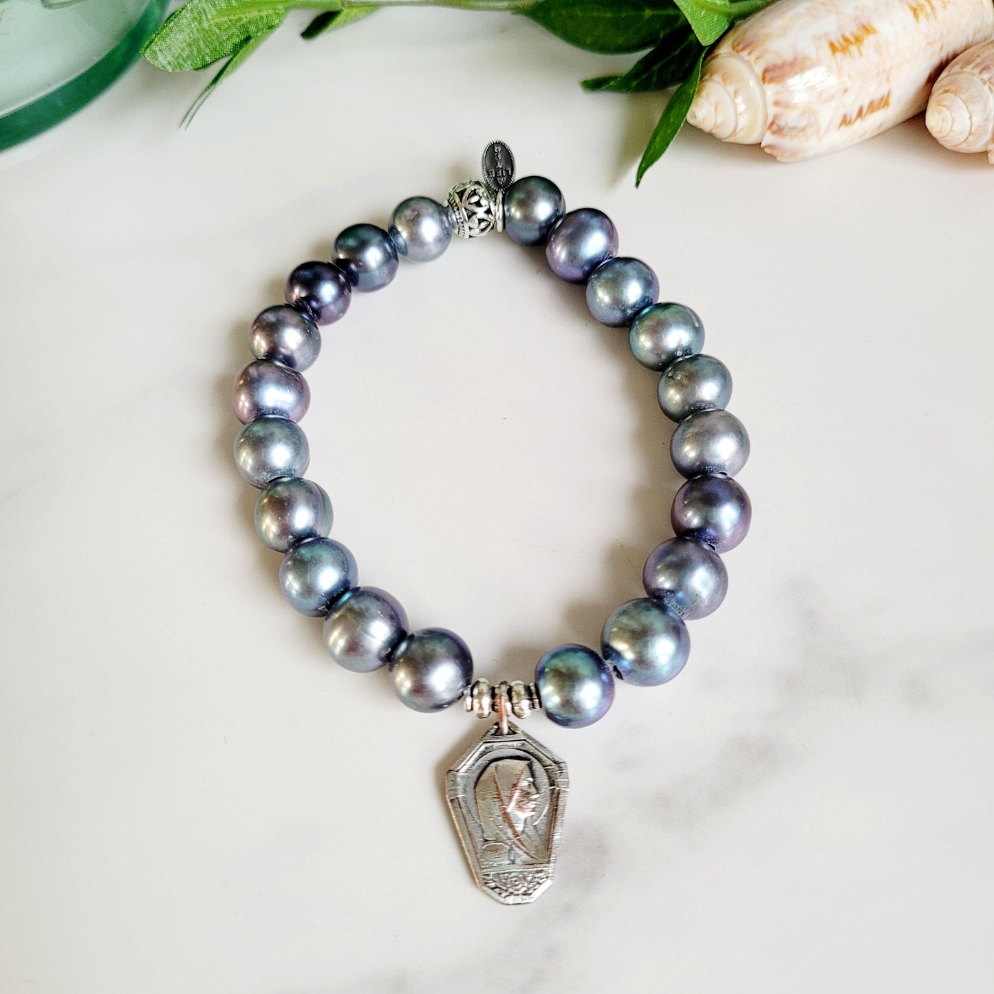 Peacock Freshwater Pearl 10mm Beaded Bracelet w/ Art Deco Silver Medal of Our Lady of Lourdes
