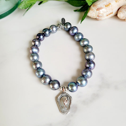 Peacock Freshwater Pearl 10mm Beaded Bracelet w/ Art Deco Silver Medal of Our Lady of Lourdes