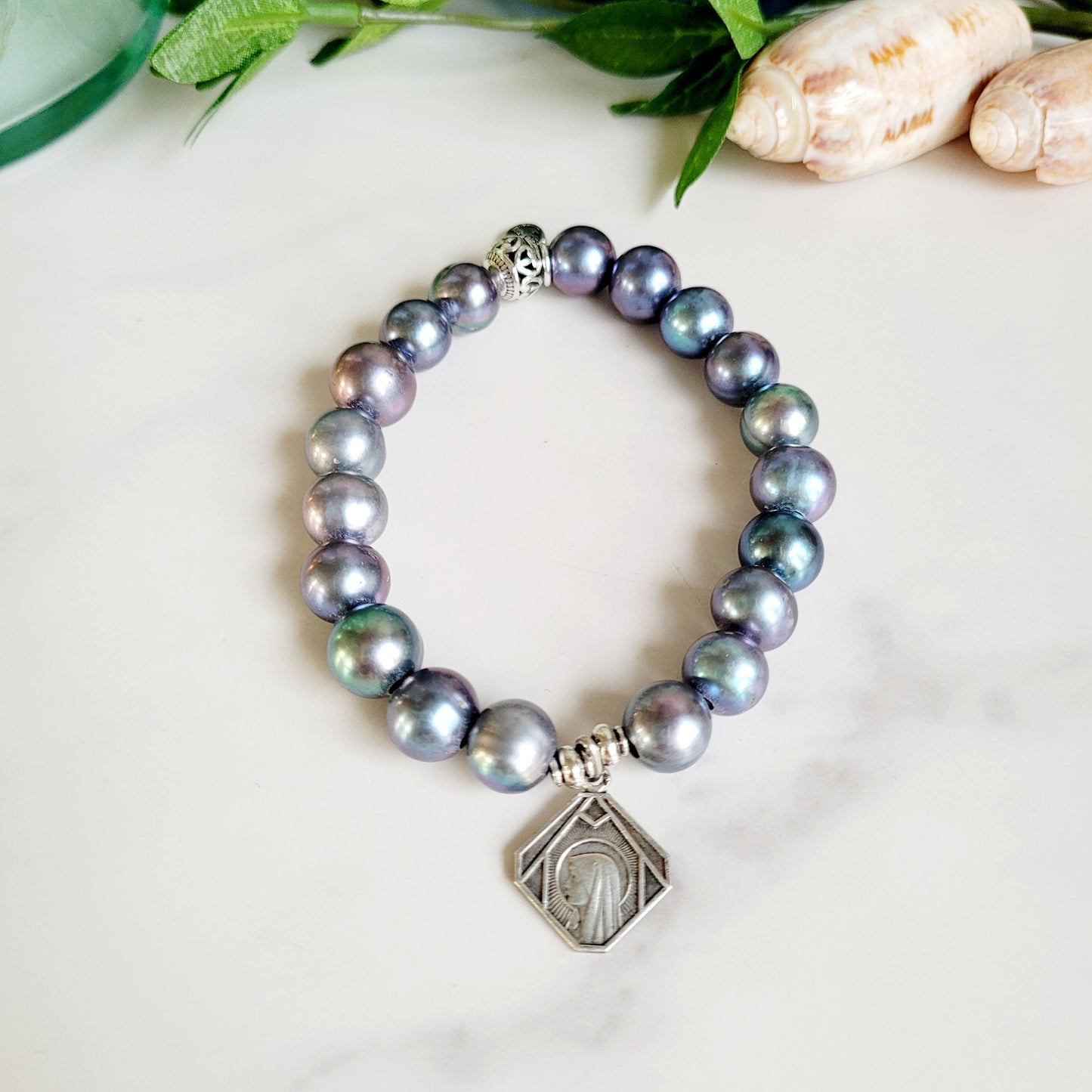 Peacock Freshwater Pearl 10mm Beaded Bracelet w/ Our Lady of Lourdes Art Deco Silver Plated Medal
