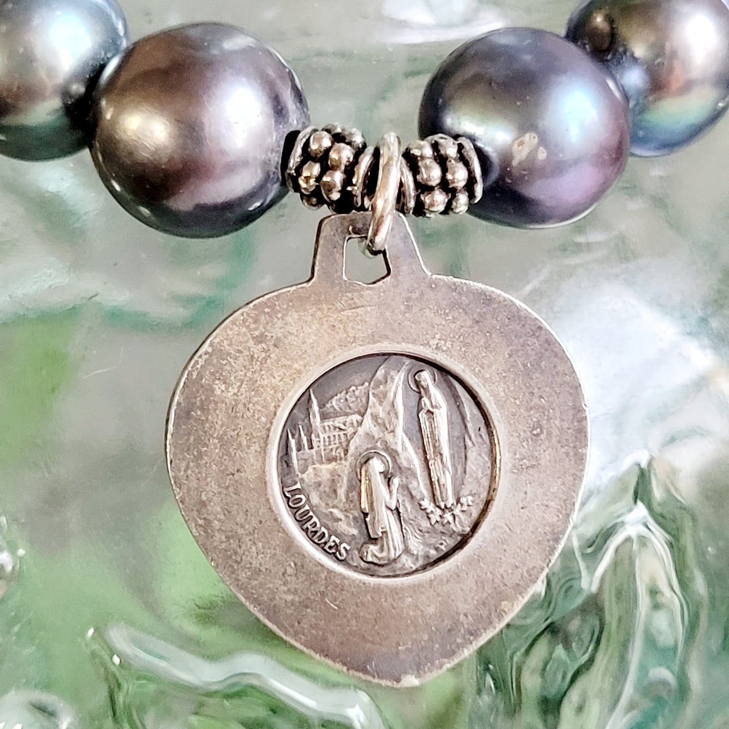 Peacock Freshwater Pearl 10mm Beaded Bracelet w/ Our Lady of Lourdes Heart Shaped Silver Plated Medal