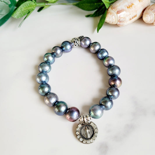 Peacock Freshwater Pearl 10mm Beaded Bracelet w/ St. Benedict Silver Plate Medal with CZ's