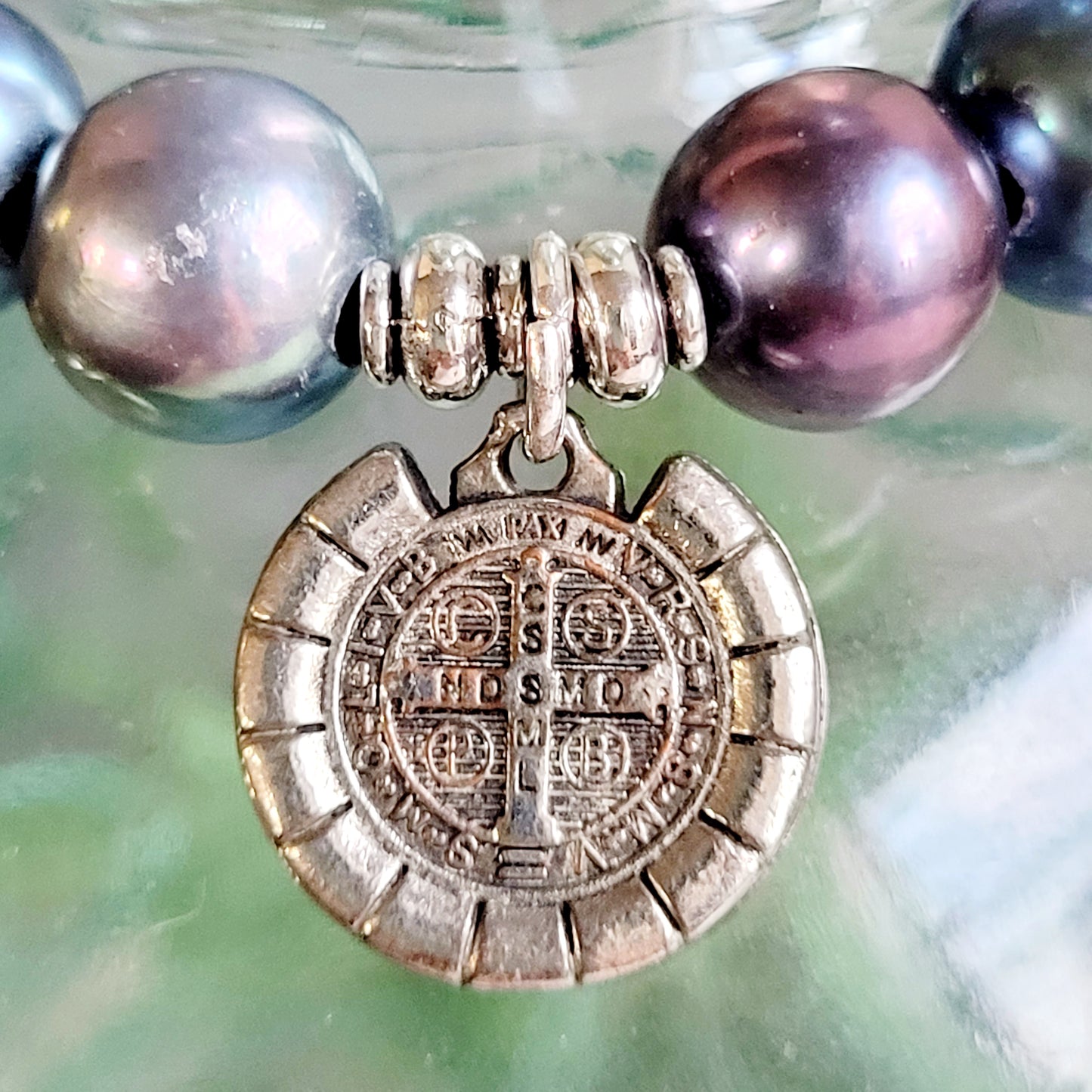 Peacock Freshwater Pearl 10mm Beaded Bracelet w/ St. Benedict Silver Plate Medal with CZ's