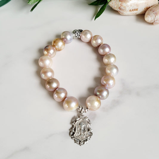 Pastel Freshwater Pearl 12mm Beaded Bracelet w/ Sterling Silver Art Nouveau Communion Medal