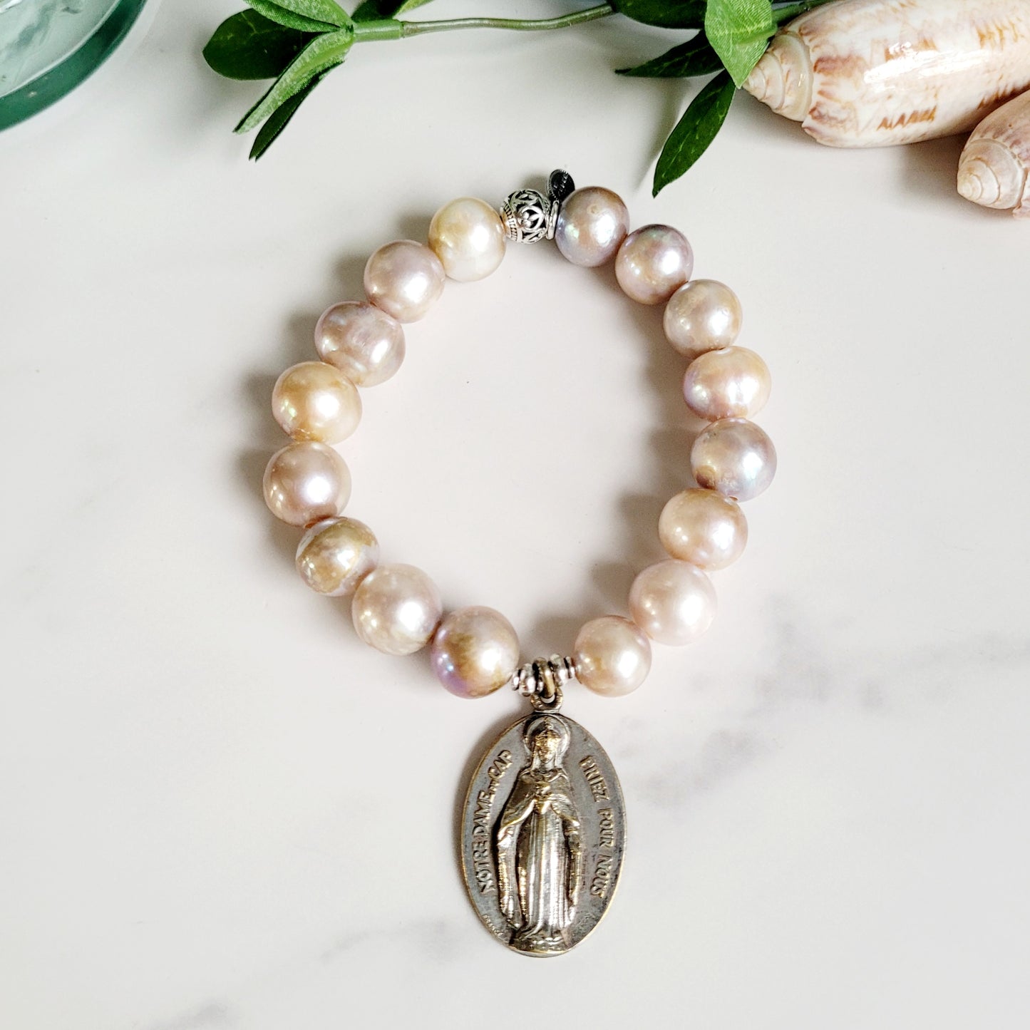 Pastel Freshwater Pearl 12mm Beaded Bracelet w/ Signed Sterling Silver Medal of Our Lady of the Cape