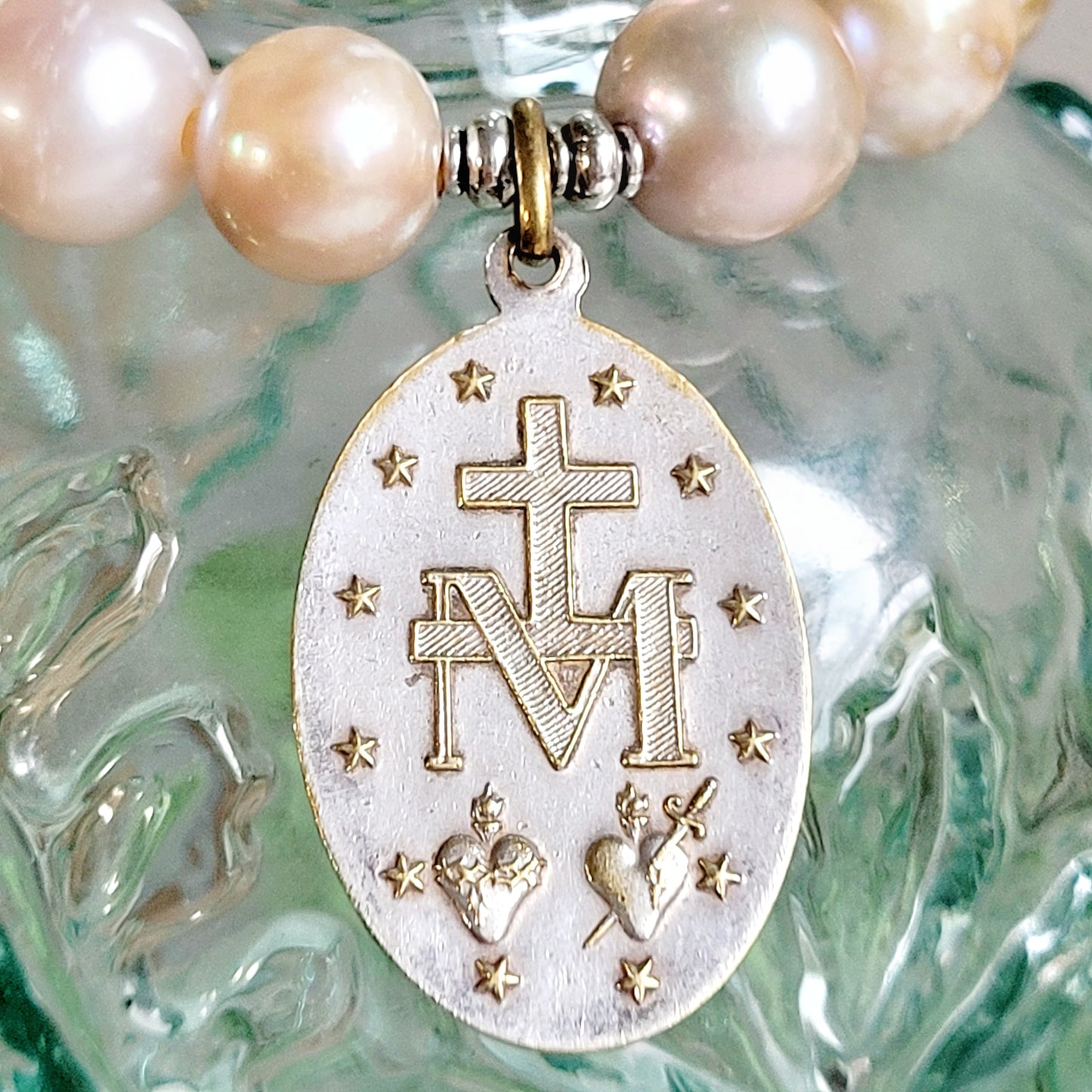 Pastel Freshwater Pearl 12mm Beaded Bracelet w/ Signed Sterling Silver Medal of Our Lady of the Cape