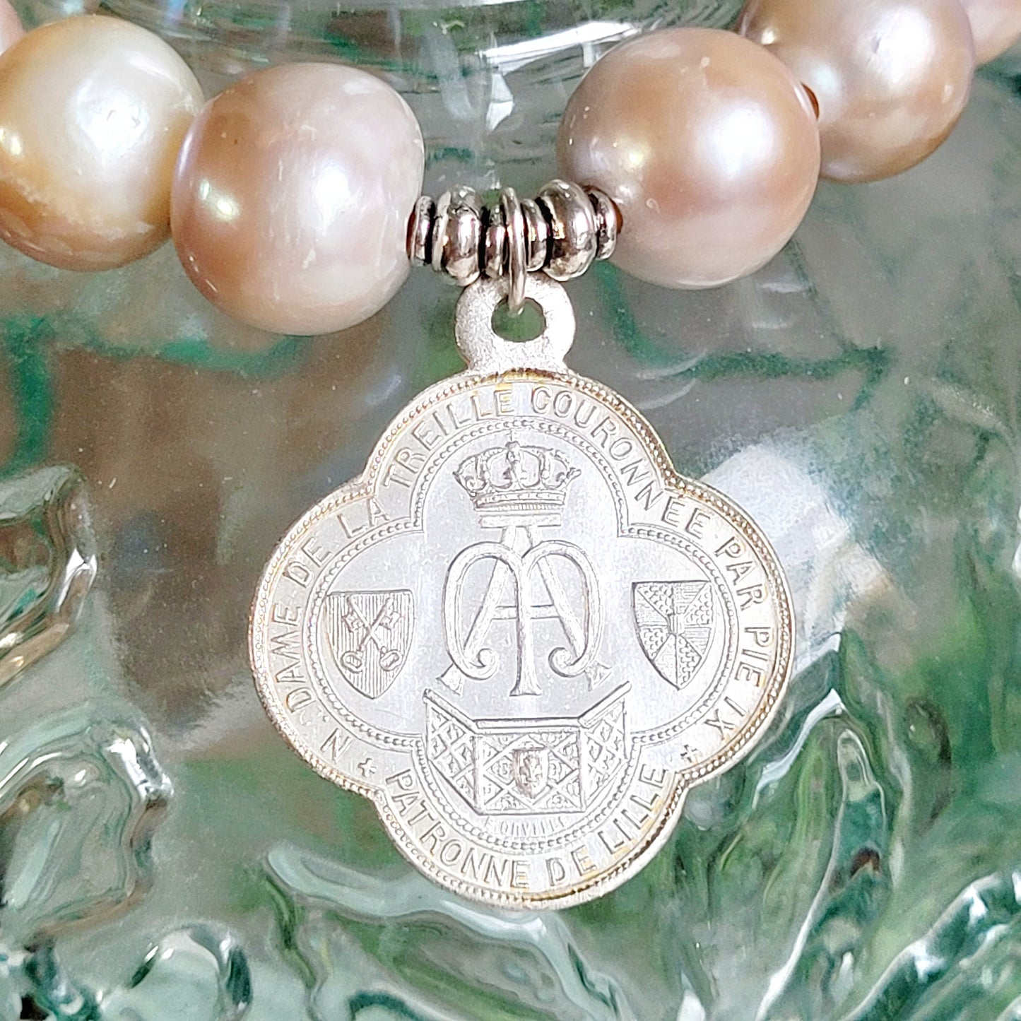 Pastel Freshwater Pearl 12mm Beaded Bracelet w/ Sterling Silver Our Lady of the Treille Medal from France