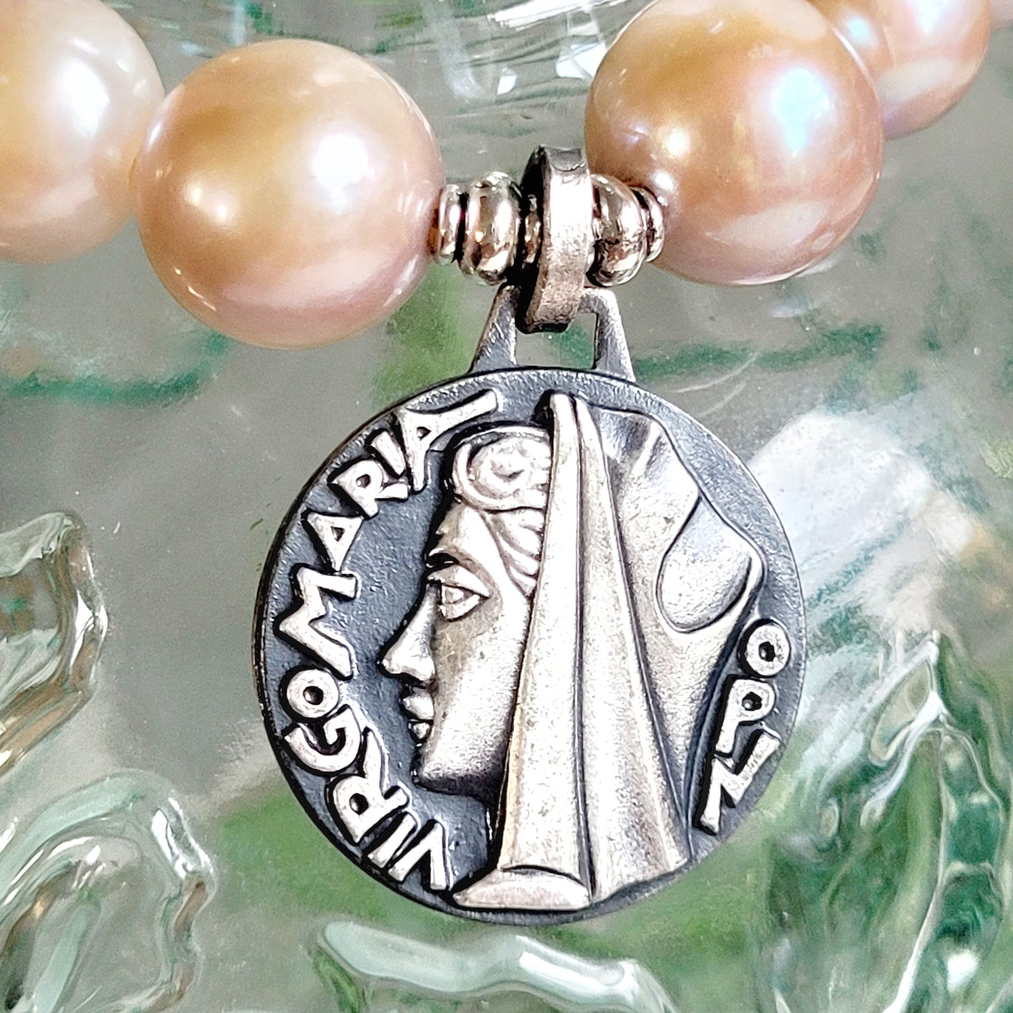 Pastel Freshwater Pearl 12mm Beaded Bracelet w/ Large Sterling Silver Medal of the Virgin Mary