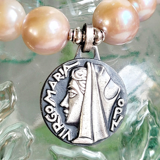 Pastel Freshwater Pearl 12mm Beaded Bracelet w/ Large Sterling Silver Medal of the Virgin Mary