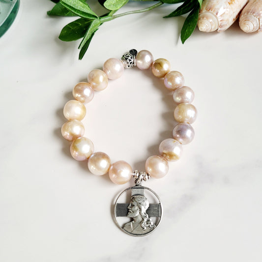 Pastel Freshwater Pearl 12mm Beaded Bracelet w/ Large Signed Sterling Silver Medal with Jesus and A Cross