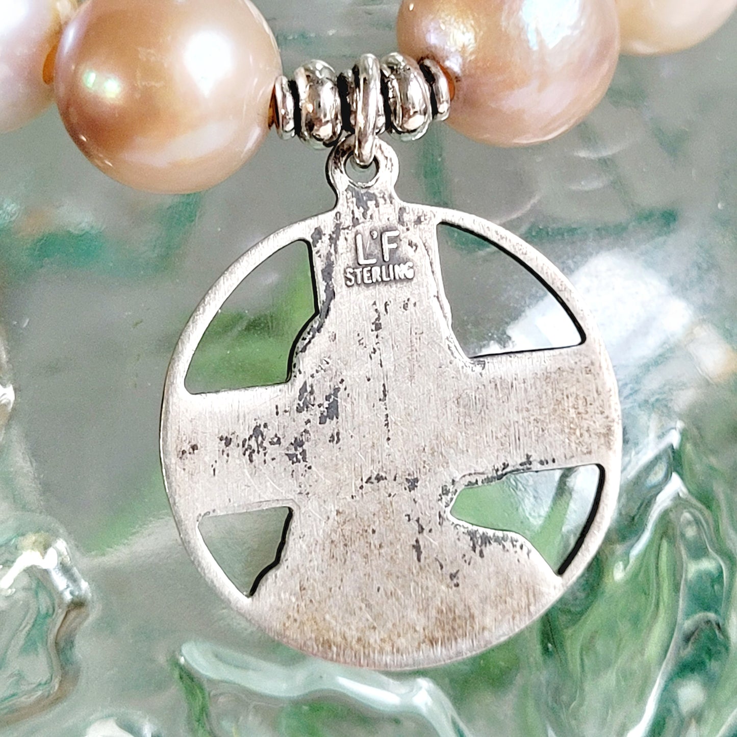 Pastel Freshwater Pearl 12mm Beaded Bracelet w/ Large Signed Sterling Silver Medal with Jesus and A Cross