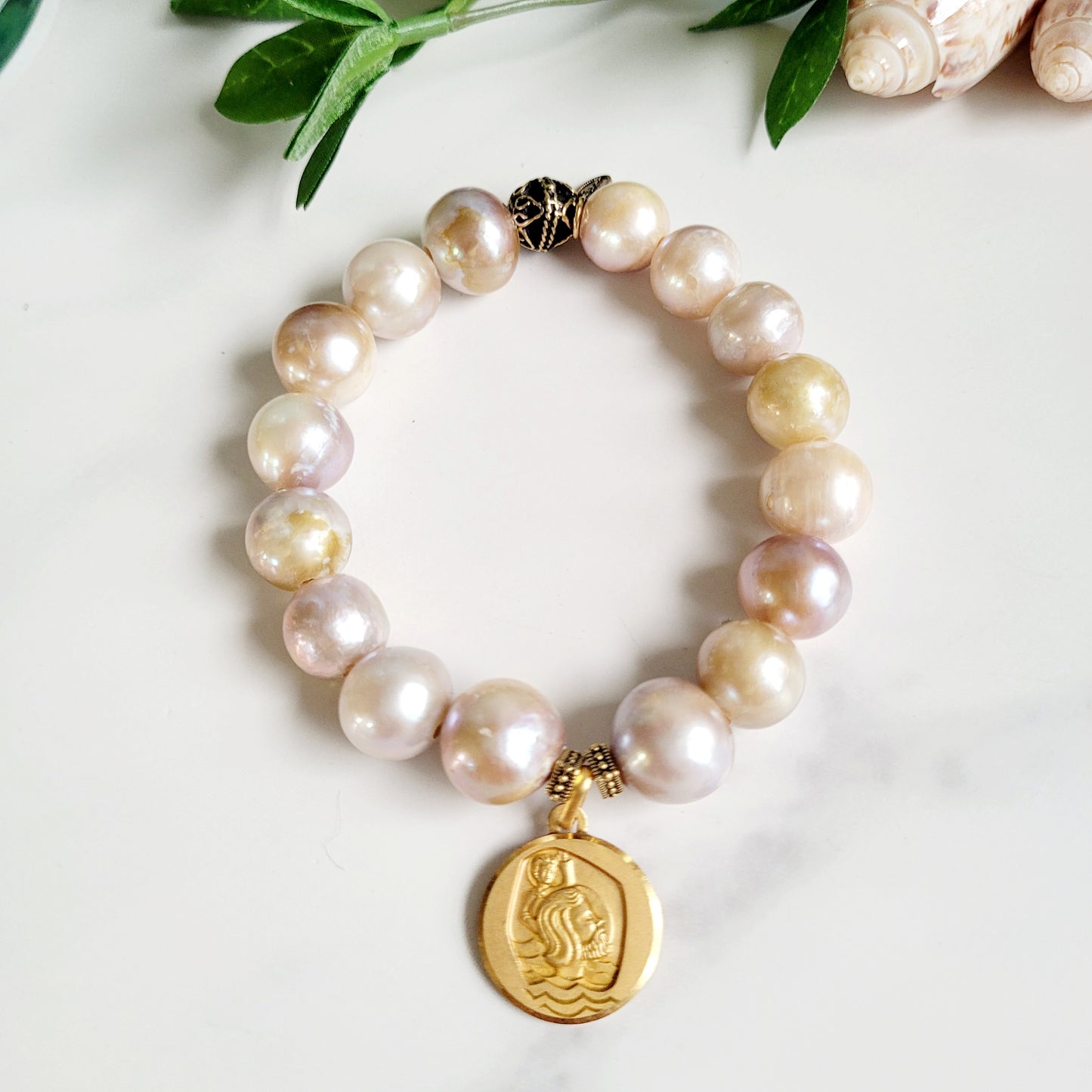 Pastel Freshwater Pearl 12mm Beaded Bracelet w/ Gold Plated Metal of St. Christopher
