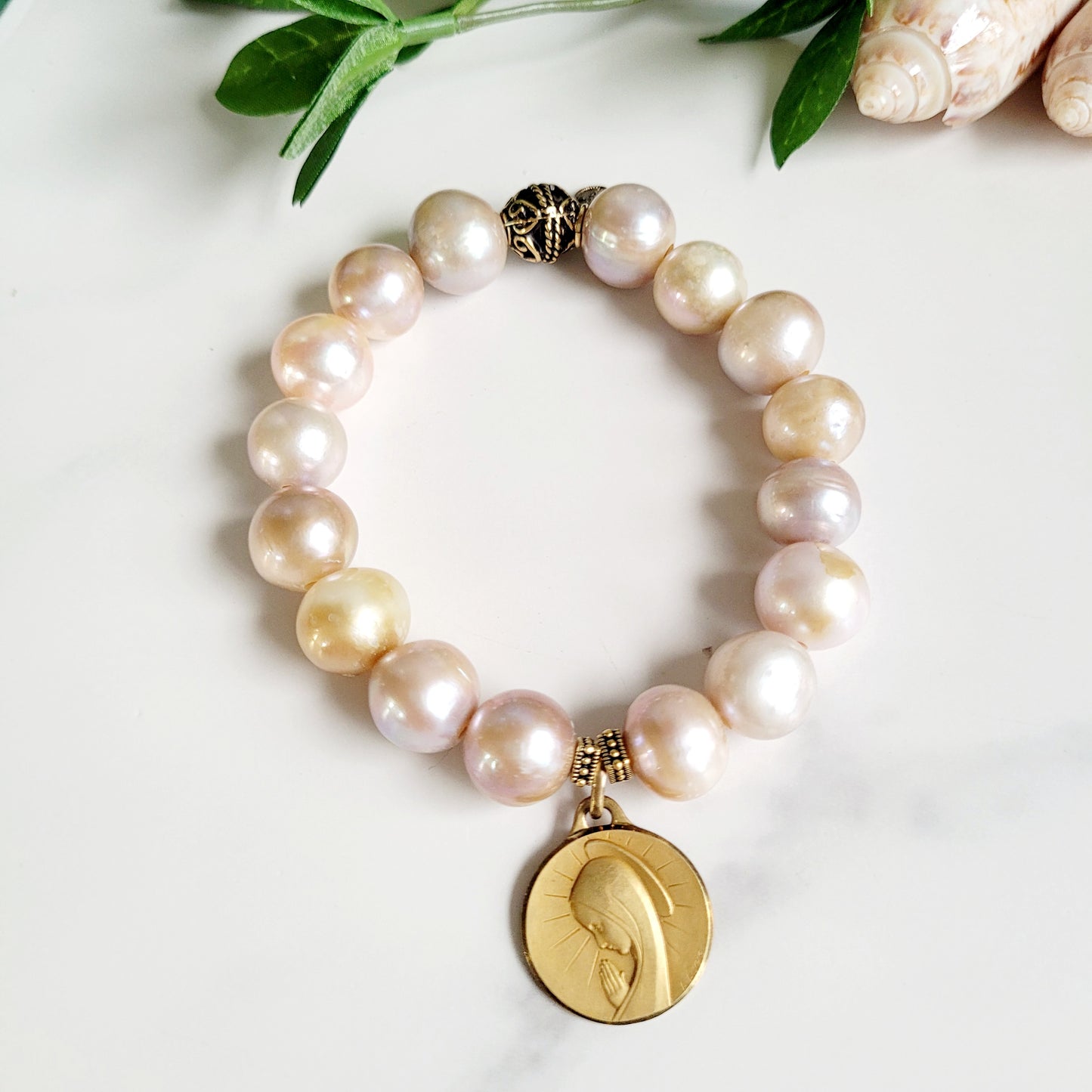 Pastel Freshwater Pearl 12mm Beaded Bracelet w/ Large Gold Plated Metal of The Virgin Mary in Prayer