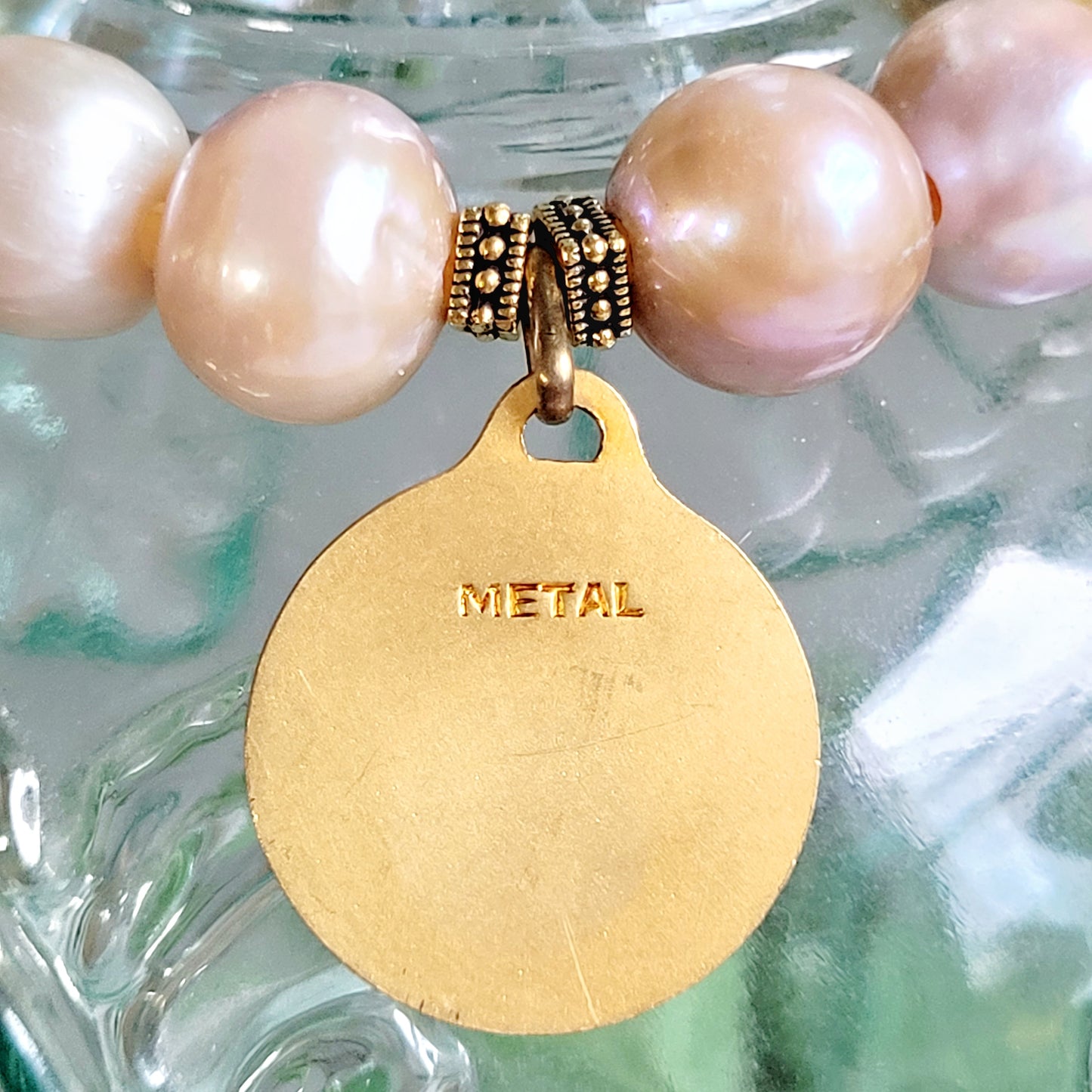 Pastel Freshwater Pearl 12mm Beaded Bracelet w/ Large Gold Plated Metal of The Virgin Mary in Prayer