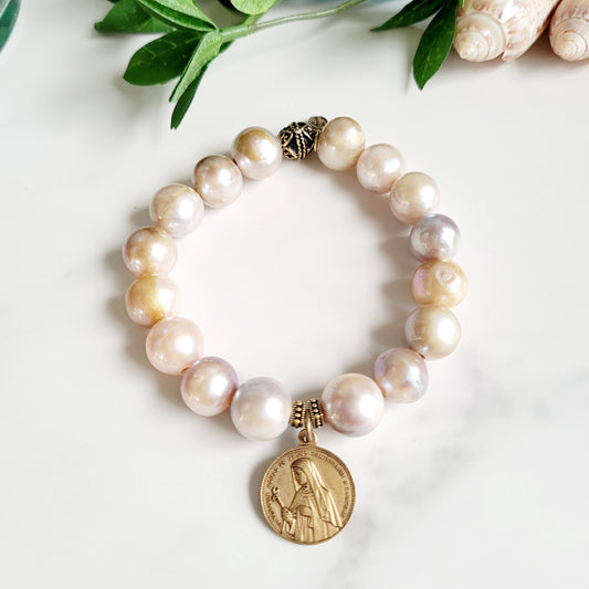 Pastel Freshwater Pearl 12mm Beaded Bracelet w/ Large Gold Plated Metal of Venerable Agnes of Jesus