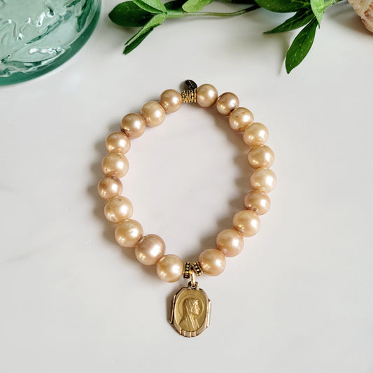 Gold Freshwater Pearl 10mm Beaded Bracelet w/ Gold Plated Art Deco Virgin Mary Medal