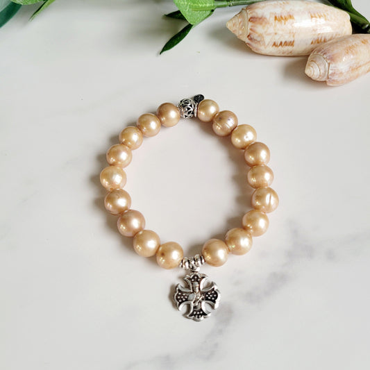 Gold Freshwater Pearl 10mm Beaded Bracelet w/ Vintage Sterling Silver French Cross