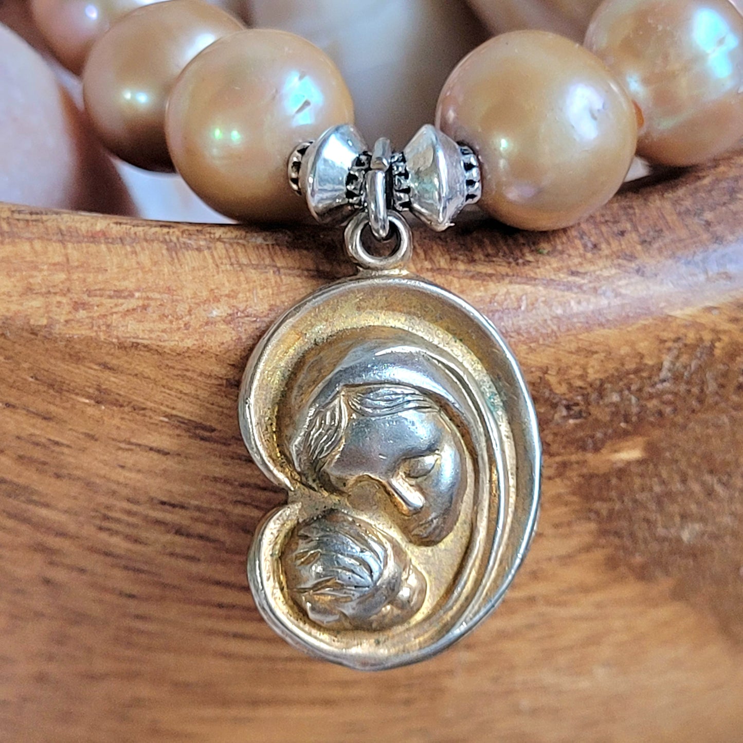 Gold Freshwater Pearl 10mm Beaded Bracelet w/ Vintage Stylized Bust of Mary with Baby Jesus