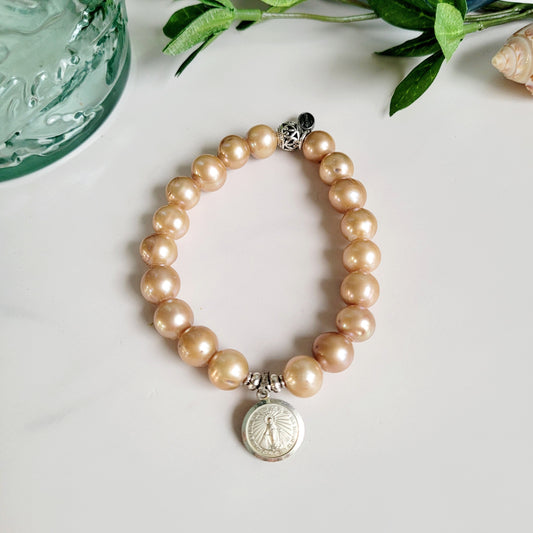 Gold Freshwater Pearl 10mm Beaded Bracelet w/ Vintage Sterling Silver Miraculous Medal of Mary
