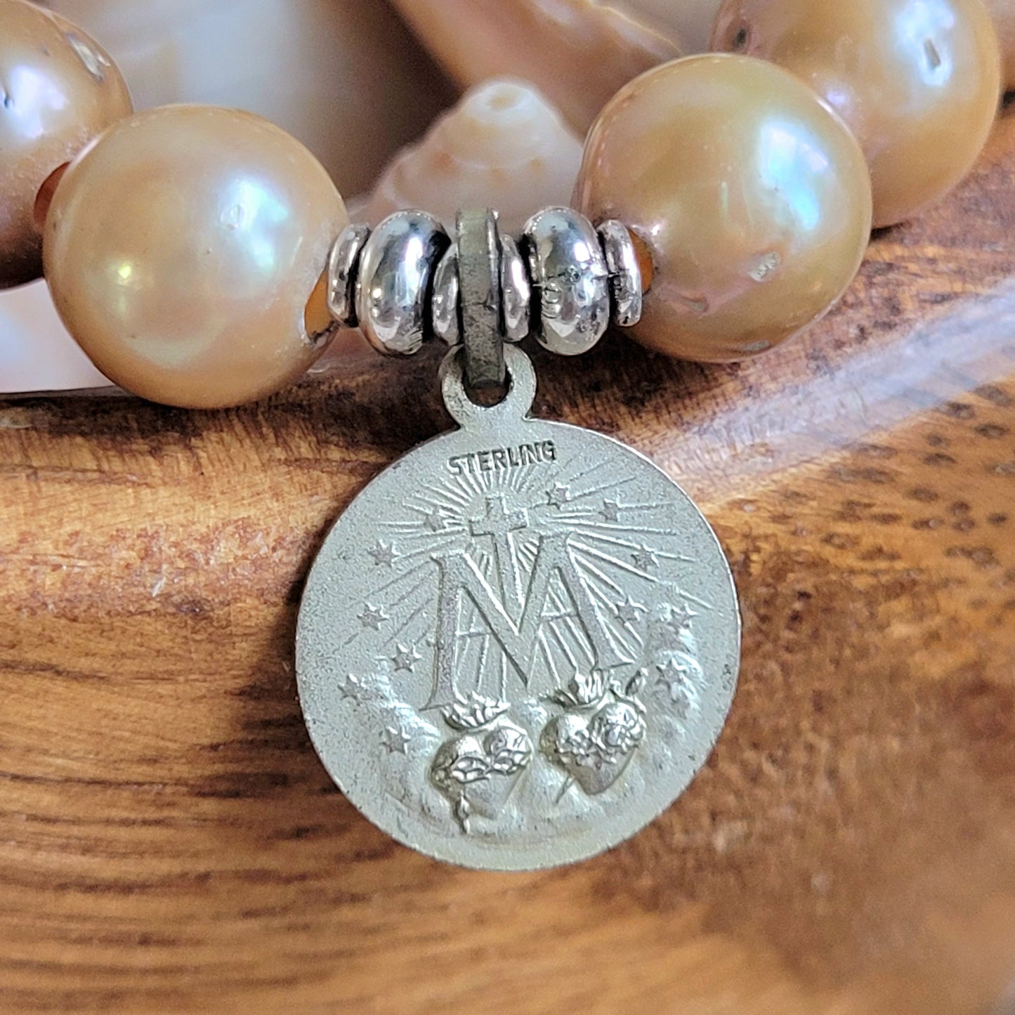 Gold Freshwater Pearl 10mm Beaded Bracelet w/ Vintage Sterling Silver Miraculous Medal of Mary