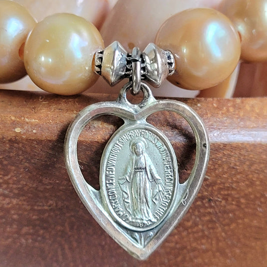 Gold Freshwater Pearl 10mm Beaded Bracelet w/ Vintage Sterling Silver Miraculous Medal of Mary