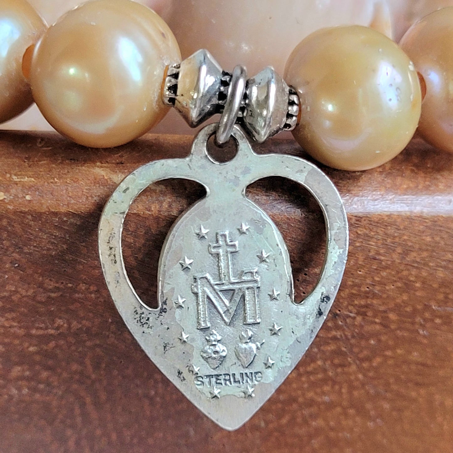 Gold Freshwater Pearl 10mm Beaded Bracelet w/ Vintage Sterling Silver Miraculous Medal of Mary