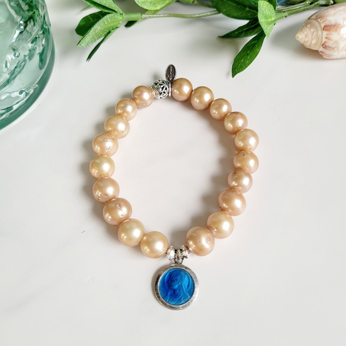 Gold Freshwater Pearl 10mm Beaded Bracelet w/ Vintage Sterling Silver Blue Enameled Medal of Our Lady of Lourdes