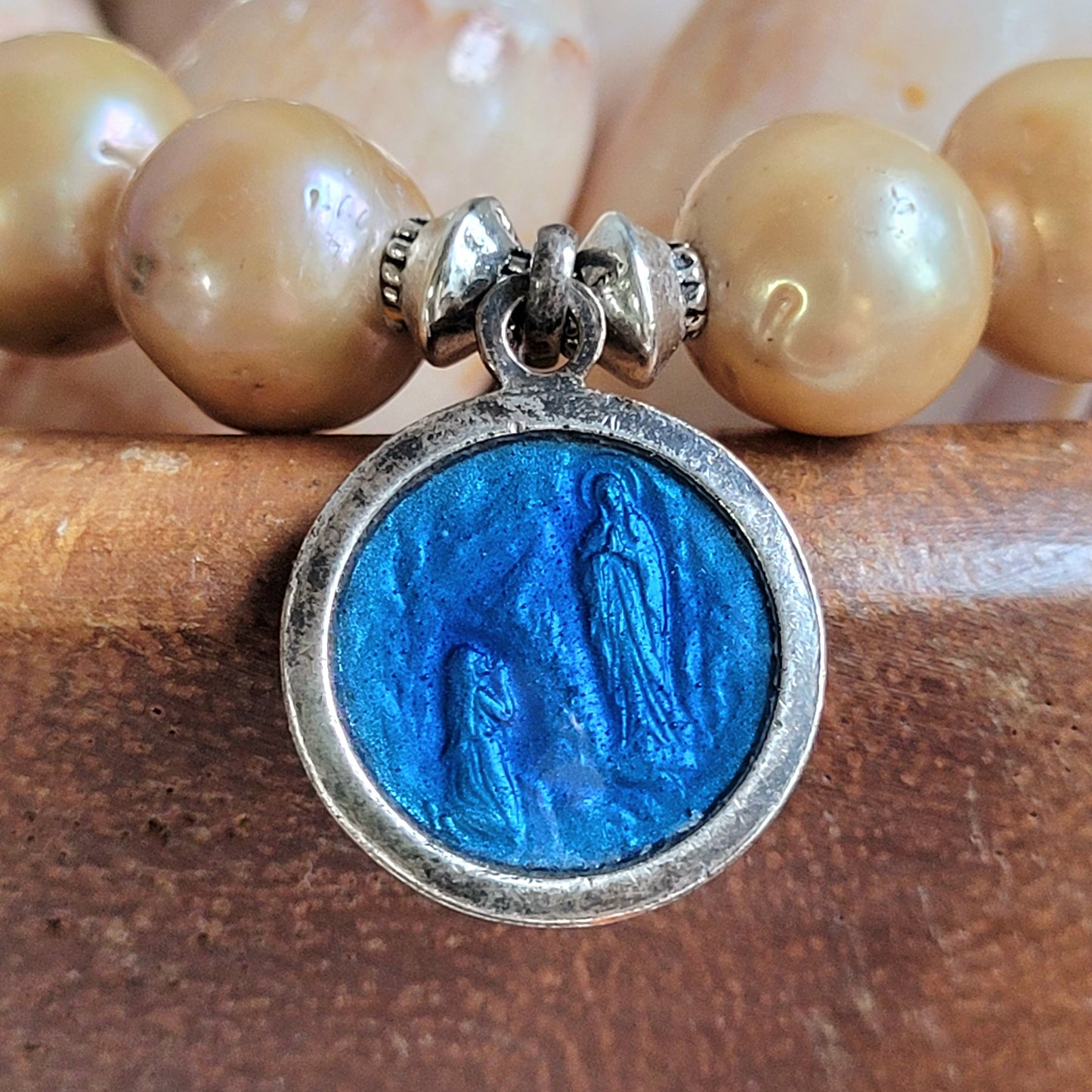 Gold Freshwater Pearl 10mm Beaded Bracelet w/ Vintage Sterling Silver Blue Enameled Medal of Our Lady of Lourdes
