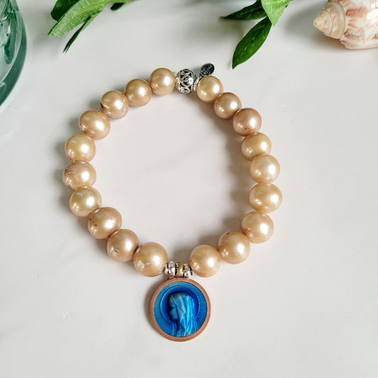 Gold Freshwater Pearl 10mm Beaded Bracelet w/ Copper Blue Enameled Vintage Medal of Our Lady of Lourdes from France