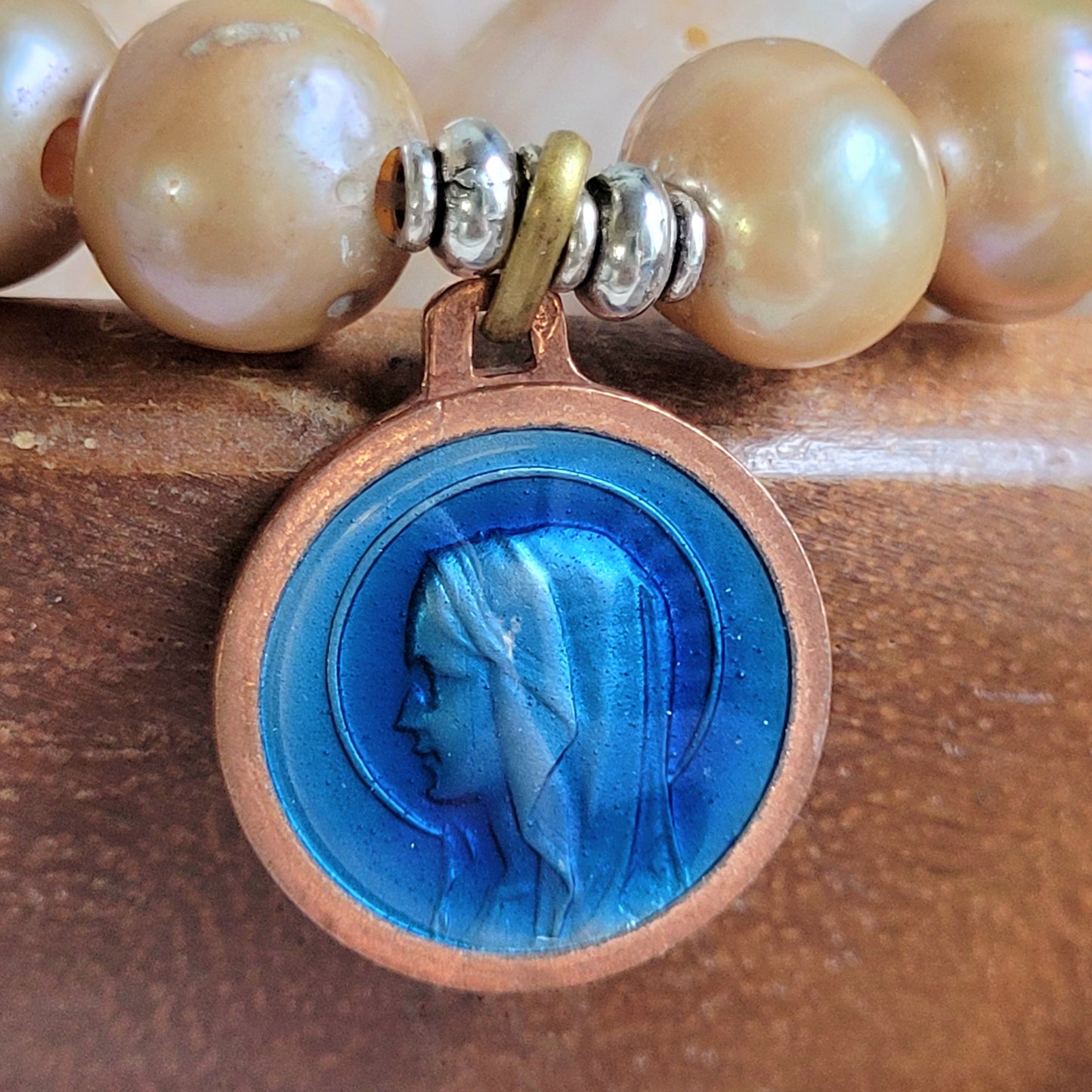 Gold Freshwater Pearl 10mm Beaded Bracelet w/ Copper Blue Enameled Vintage Medal of Our Lady of Lourdes from France