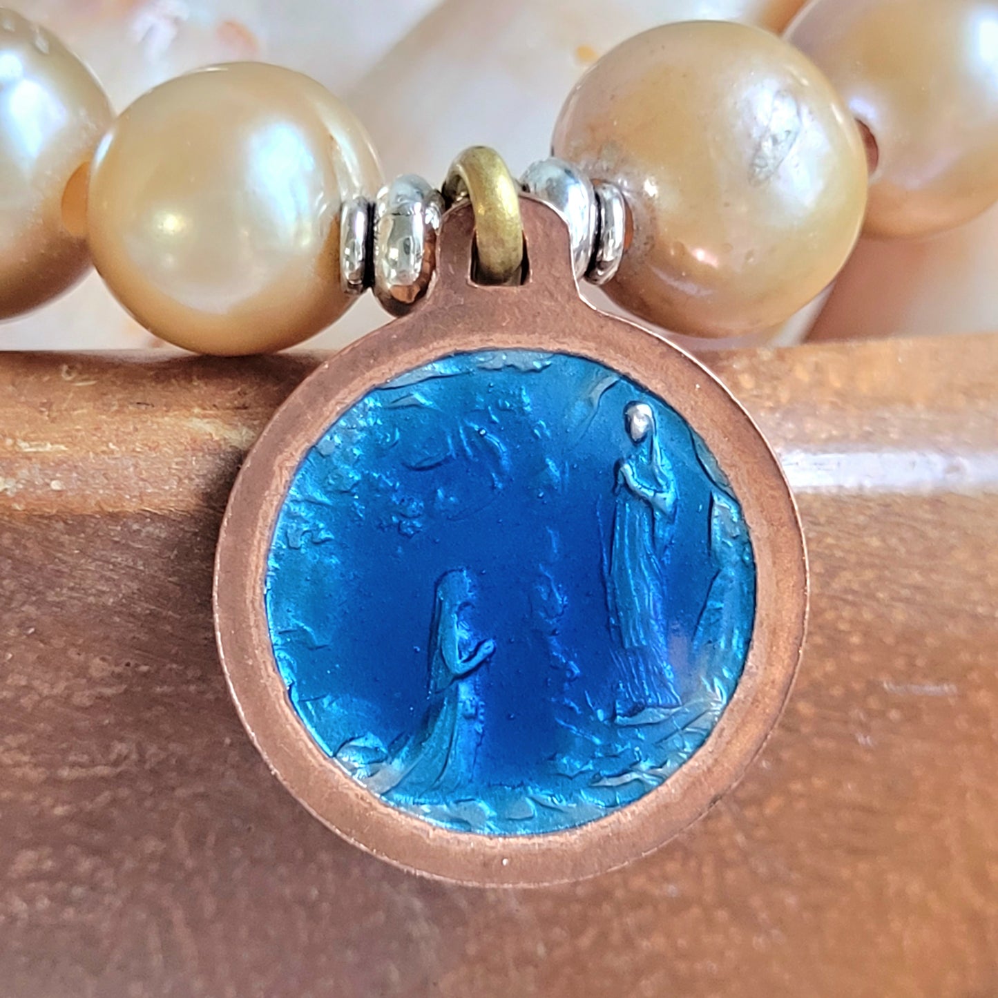 Gold Freshwater Pearl 10mm Beaded Bracelet w/ Copper Blue Enameled Vintage Medal of Our Lady of Lourdes from France