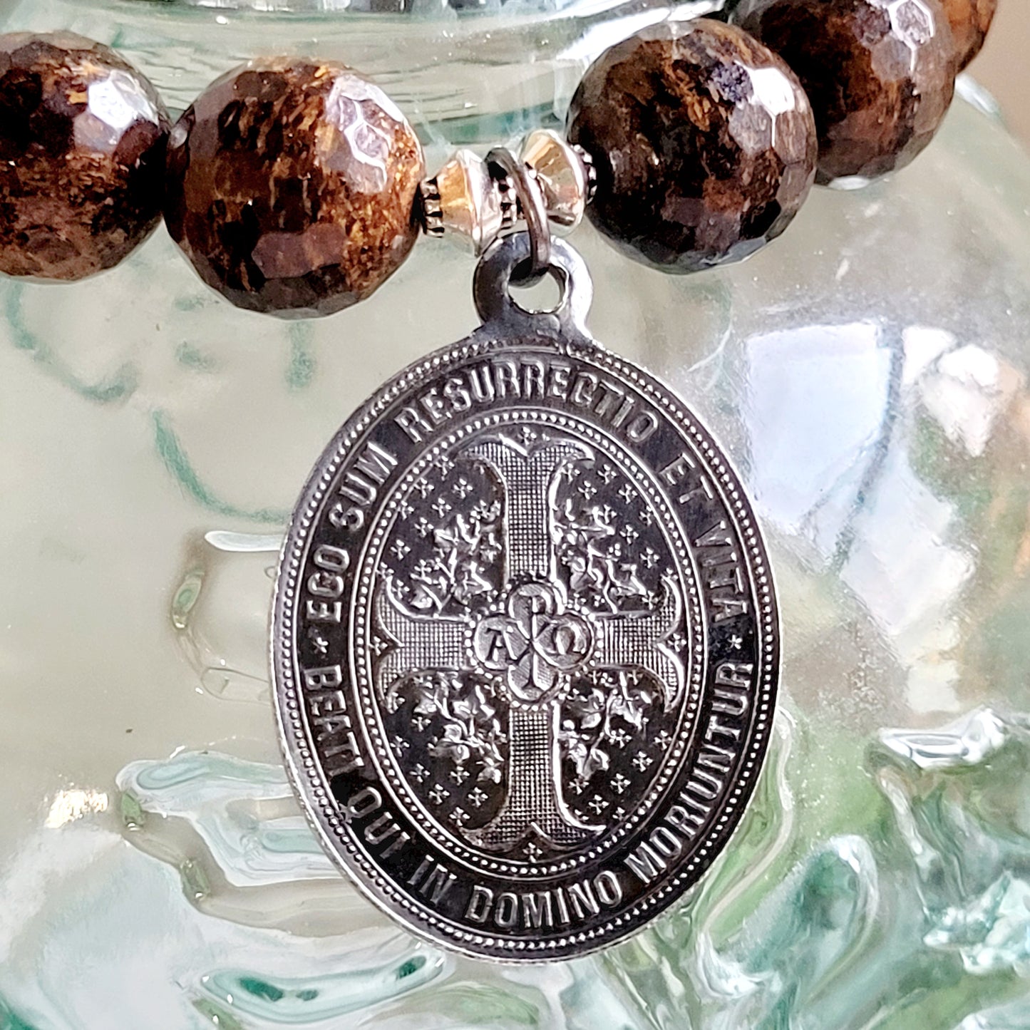 Bronzite Faceted 12mm Beaded Bracelet w/ Large Silver St. Benedict Medal from France