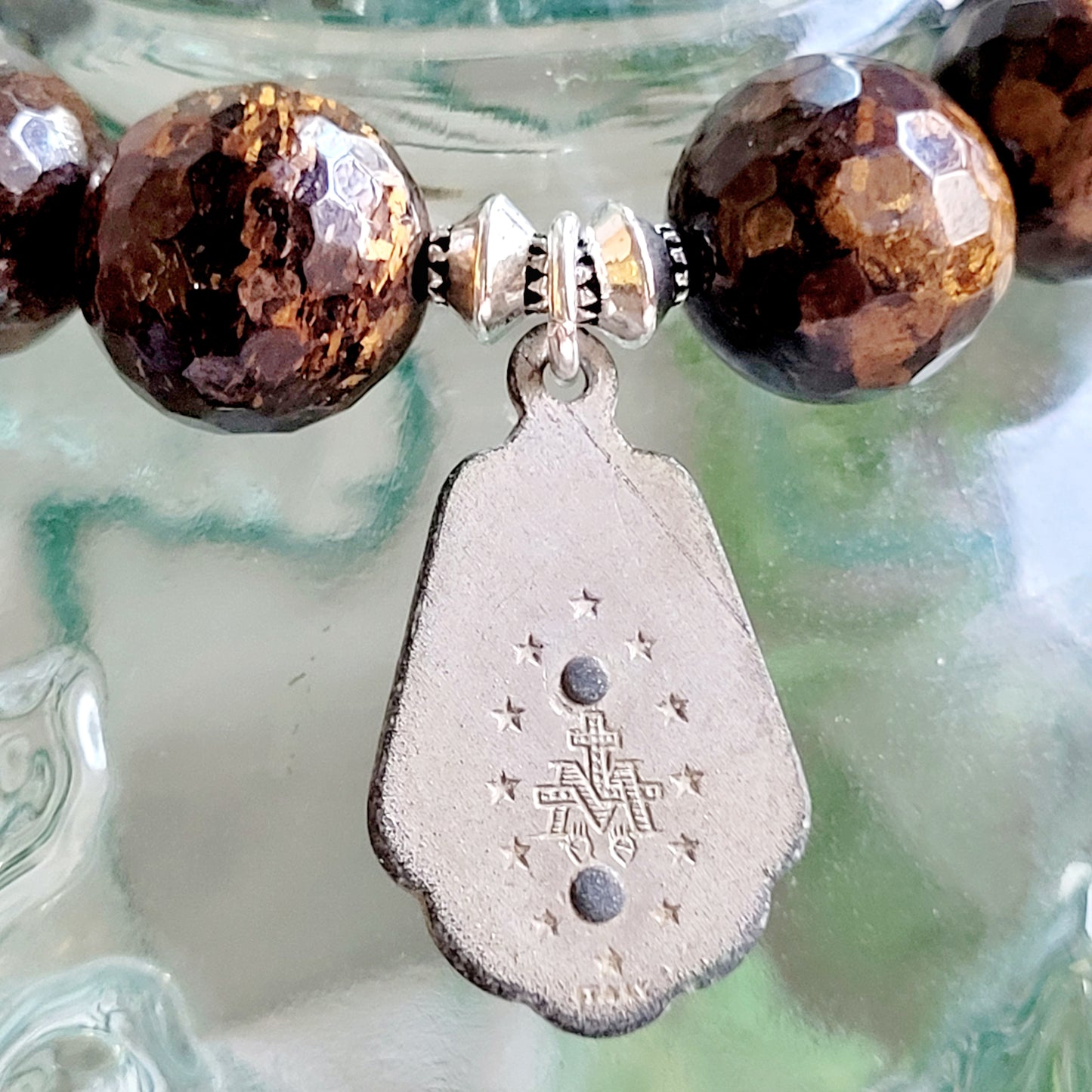 Bronzite Faceted 12mm Beaded Bracelet w/ Large Silver with Enamel Overlay Medal of The Miraculous Medal of Mary